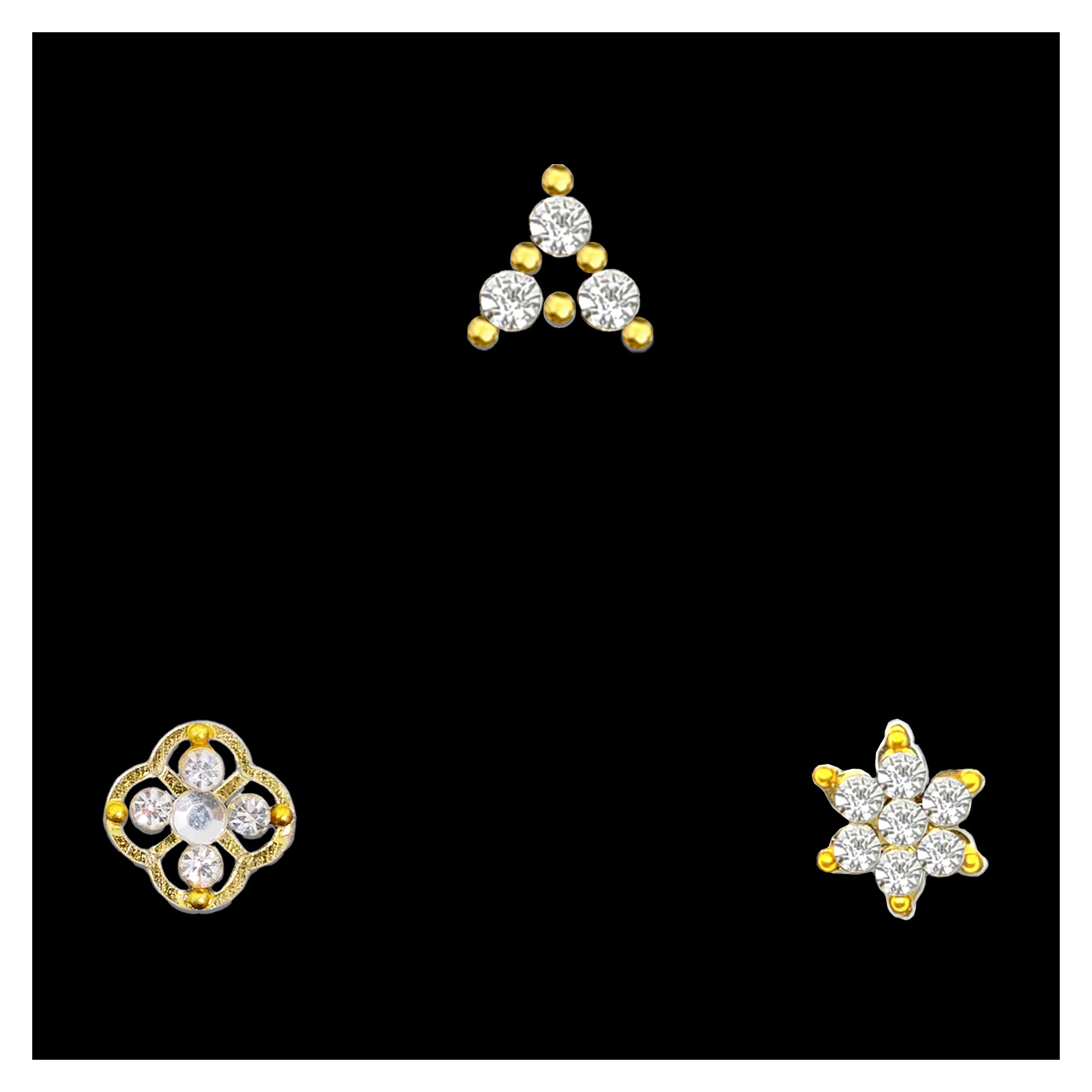 Comet Busters designer stick-on nose stud featuring sparkling clear crystals with elegant gold-tone detailing in multiple decorative designs
