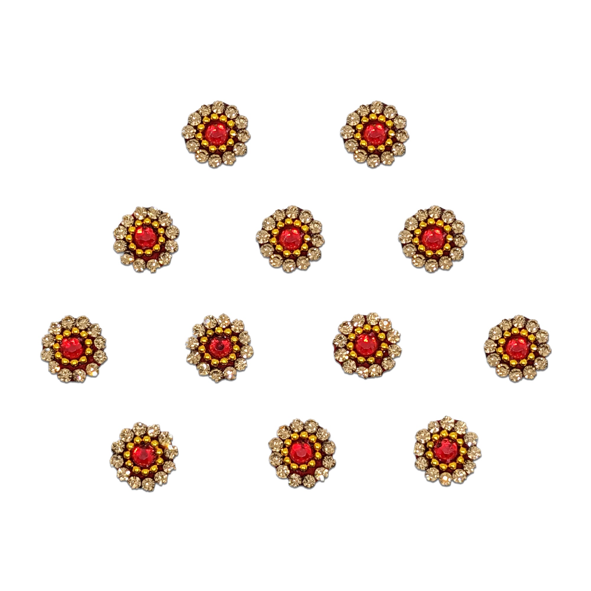 Comet Busters Royal Floral Stone Bindi featuring a vibrant red center stone surrounded by golden micro beads and sparkling crystal petals in a flower-inspired design. Premium self-adhesive bindi perfect for bridal wear, festivals, weddings, and traditional occasions.