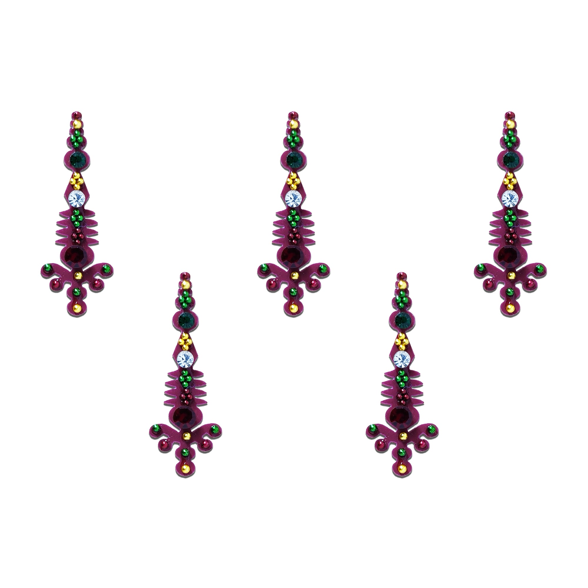 Comet Busters Designer Multicolor Stone Long Bindi for Women and Girls, Purple Fancy Forehead Bindi with Green, White and Gold Crystal Stones, Traditional Party Wear Ethnic Bindi