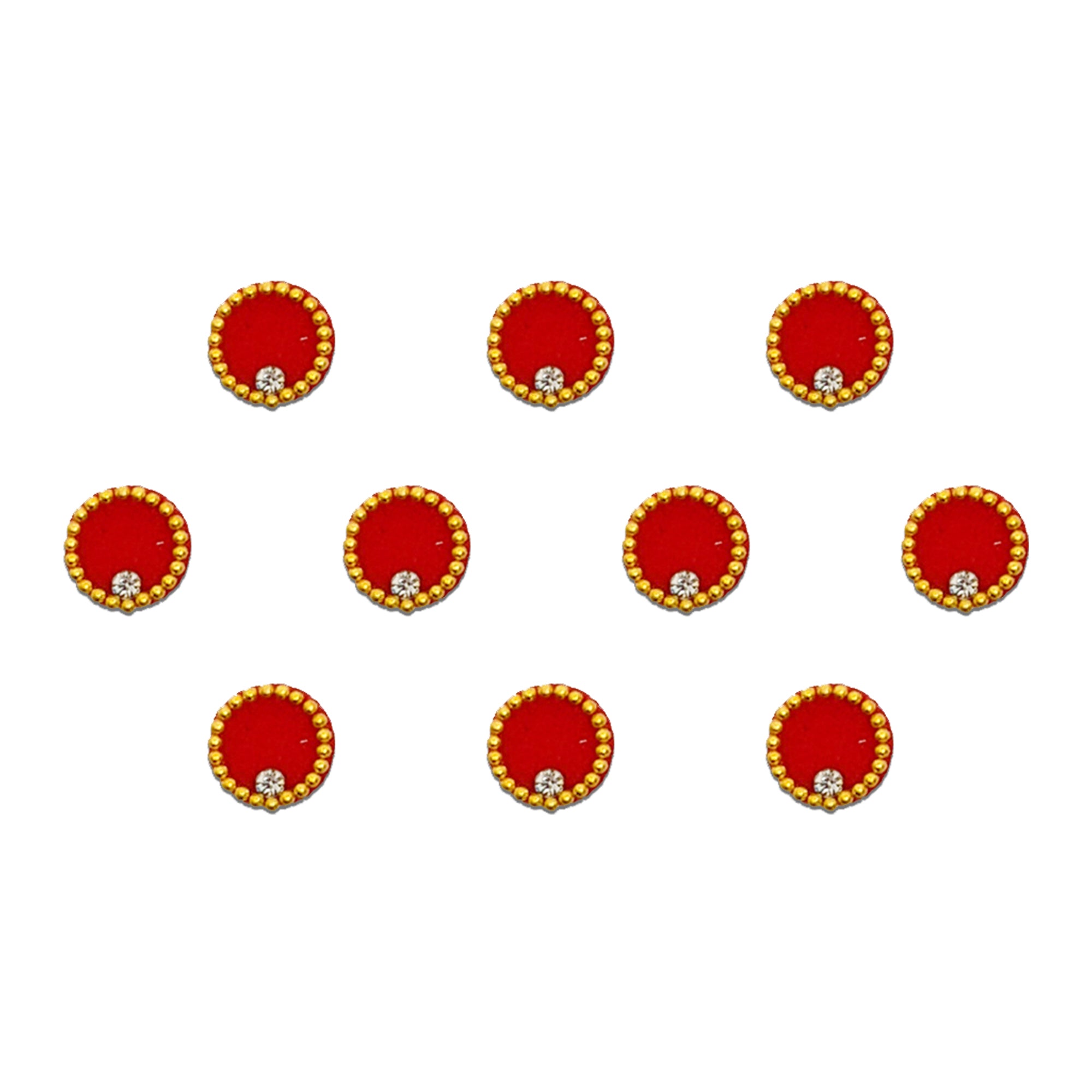 Comet Busters Traditional red velvet round bindi set adorned with gold beaded edging and sparkling crystal stones, perfect for sarees, lehengas, salwar suits, weddings, festivals, and ethnic occasions.