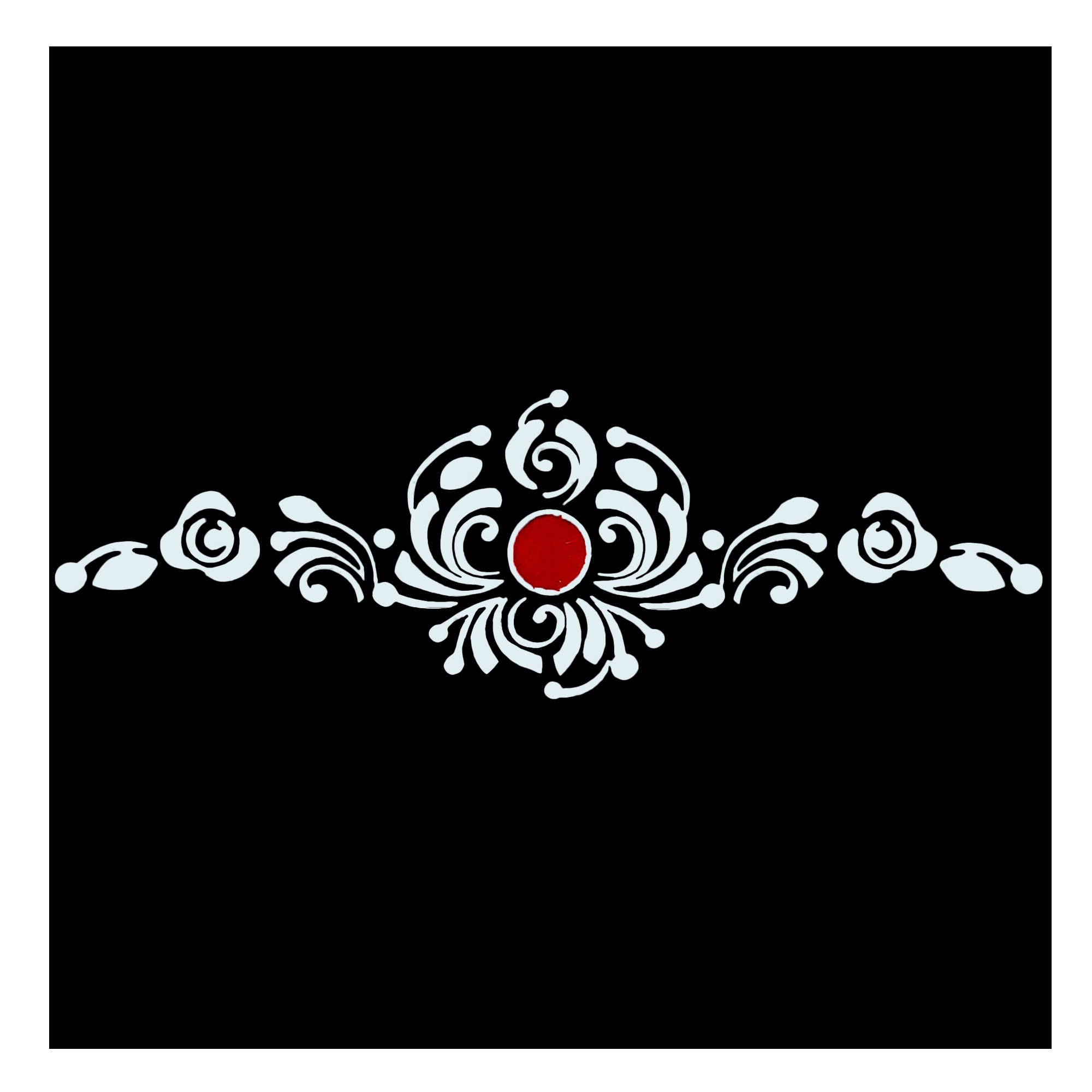 Comet Busters royal swirl bindi featuring intricate white ornamental floral curves with a red center dot