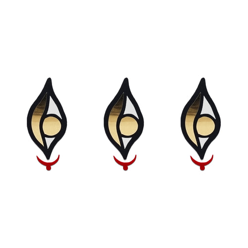 Comet Busters Devi Netra bindi with black and gold eye design and red crescent accent, spiritual forehead sticker for women, ideal for Navratri, Durga Puja, temple visits, religious ceremonies, cultural events, and traditional Indian attire.