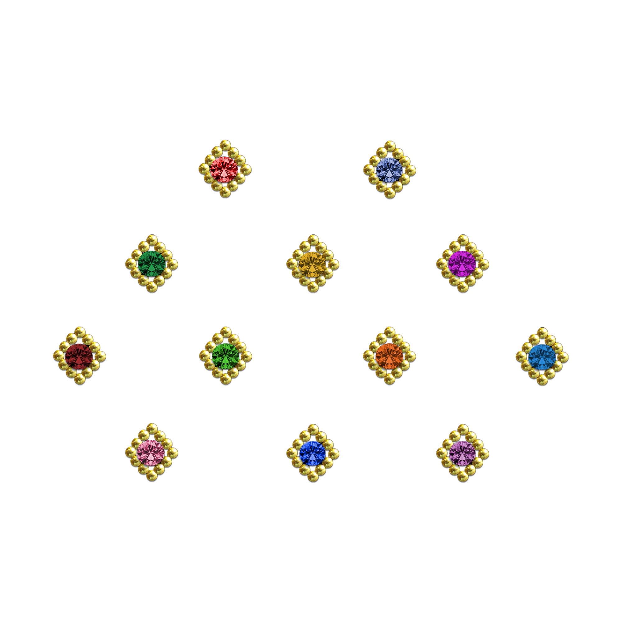 multicolor diamond-shaped bindis featuring sparkling crystal stones surrounded by golden bead accents in red, green, yellow, blue, pink, orange, and purple shades