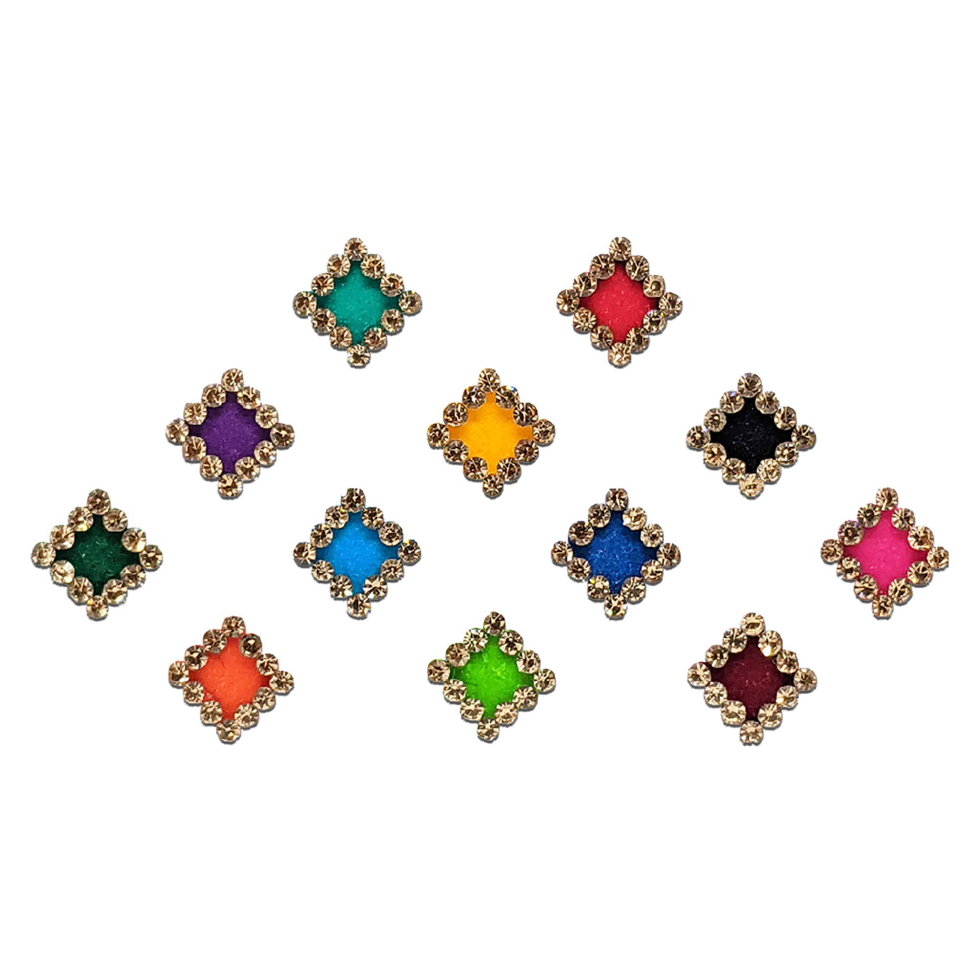 Comet Busters multicolor diamond-shaped bindis featuring sparkling crystal stone borders with vibrant center colors for festive, ethnic, and party wear styling.