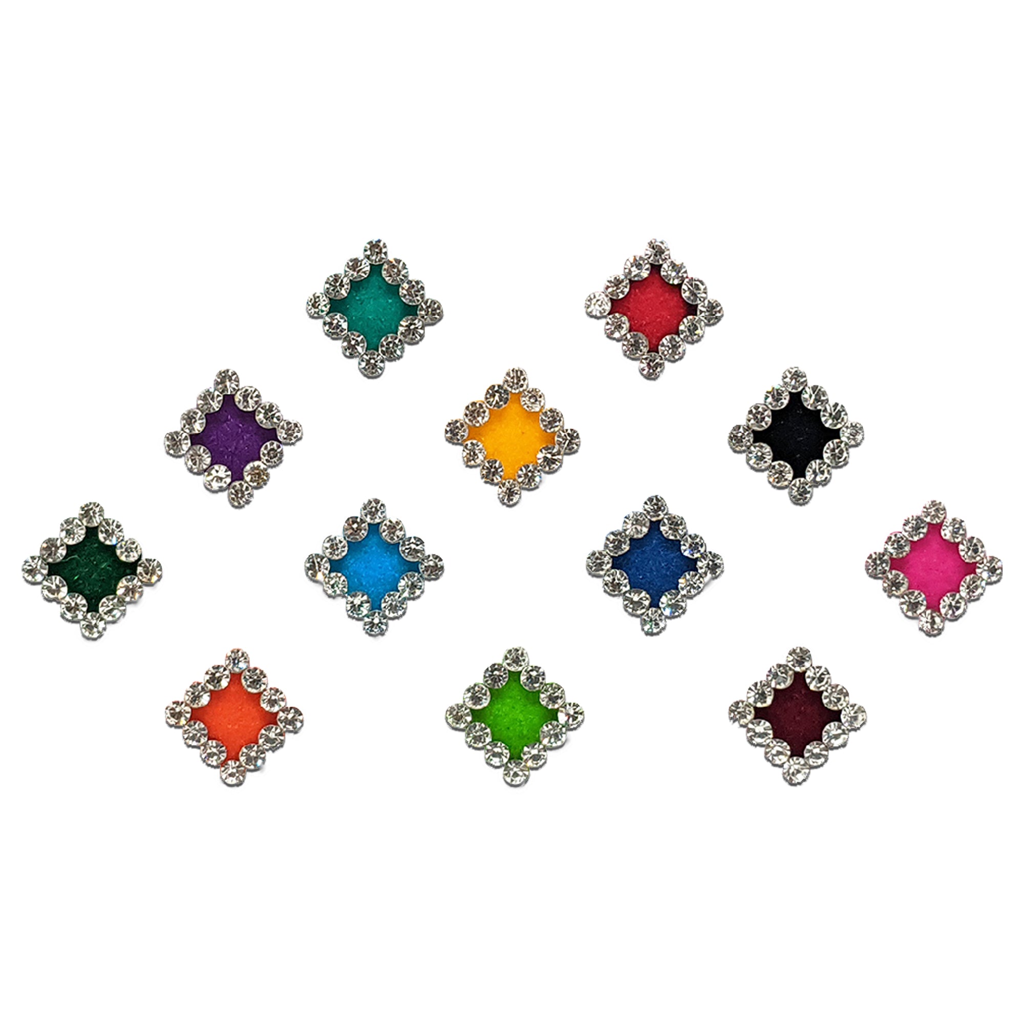 Comet Busters multicolor diamond-shaped bindis featuring sparkling crystal stone borders with vibrant center colors for festive, ethnic, and party wear styling.