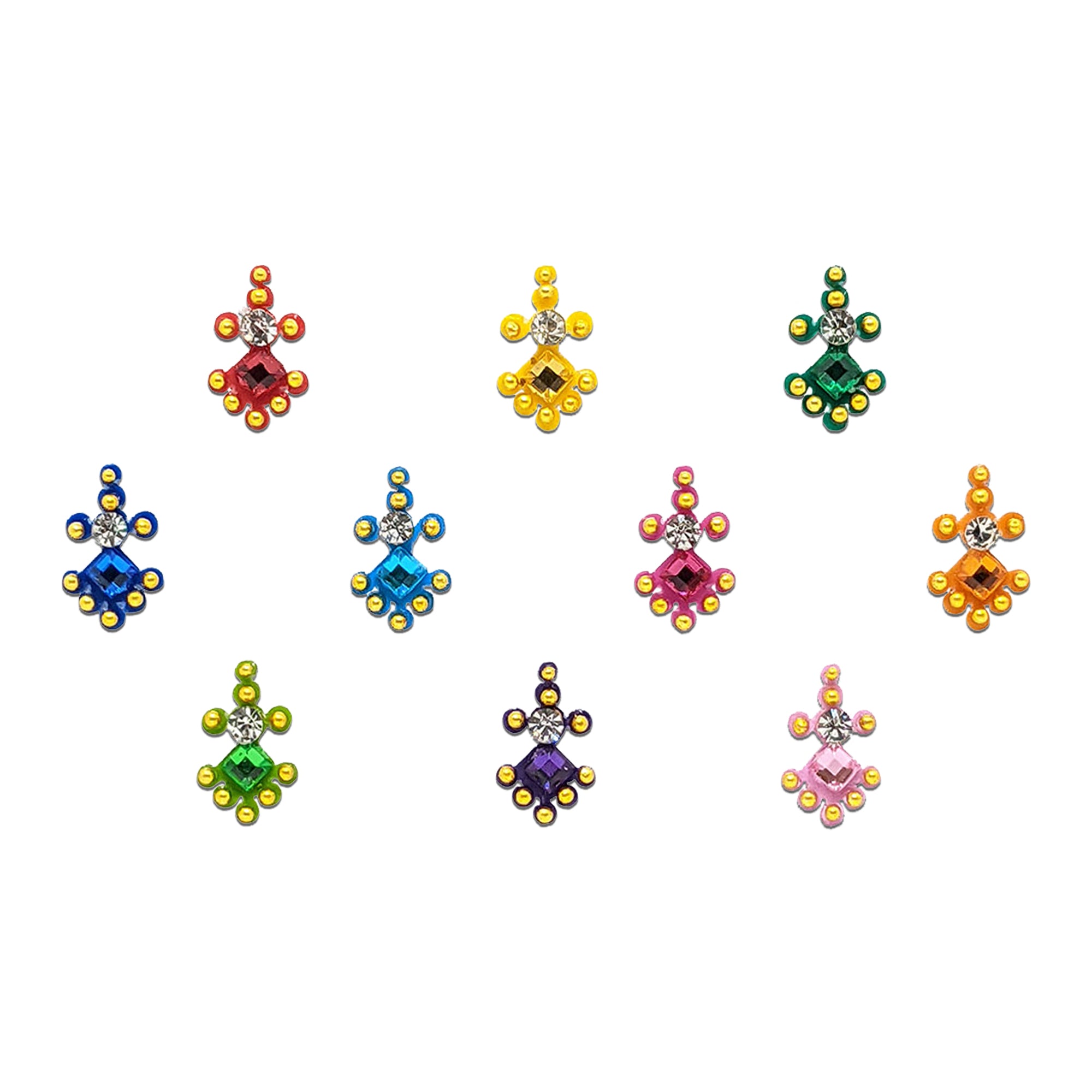 Comet Busters multicolor diamond-shaped designer bindis featuring sparkling square crystal stones, white rhinestone accents, and gold bead detailing in red, blue, green, pink, orange, purple, and yellow shades for festive ethnic wear.
