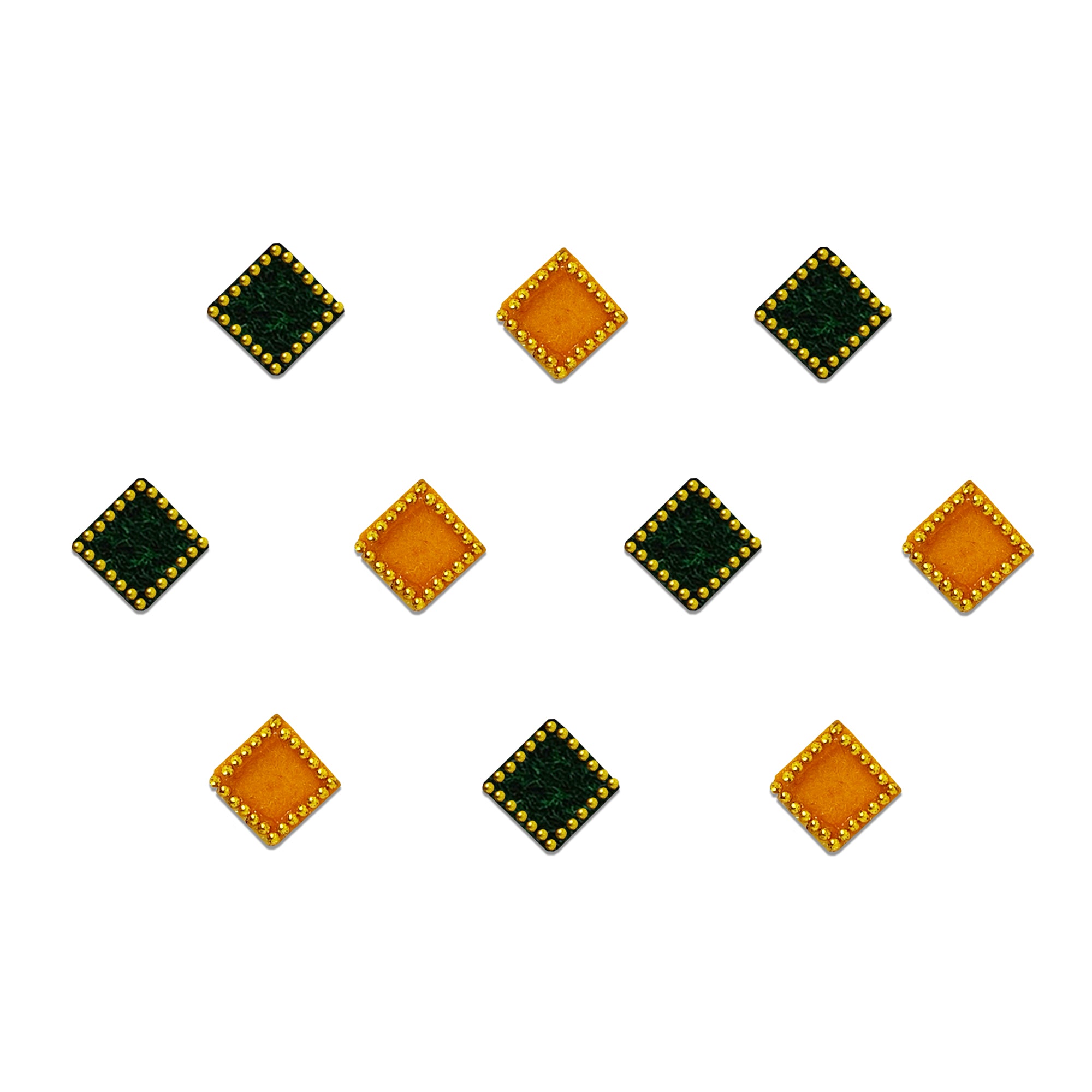 Comet Busters Dual Tone Diamond Velvet Bindi | Green & Mustard Square Self-Adhesive Designer Bindi for Women & Girls
