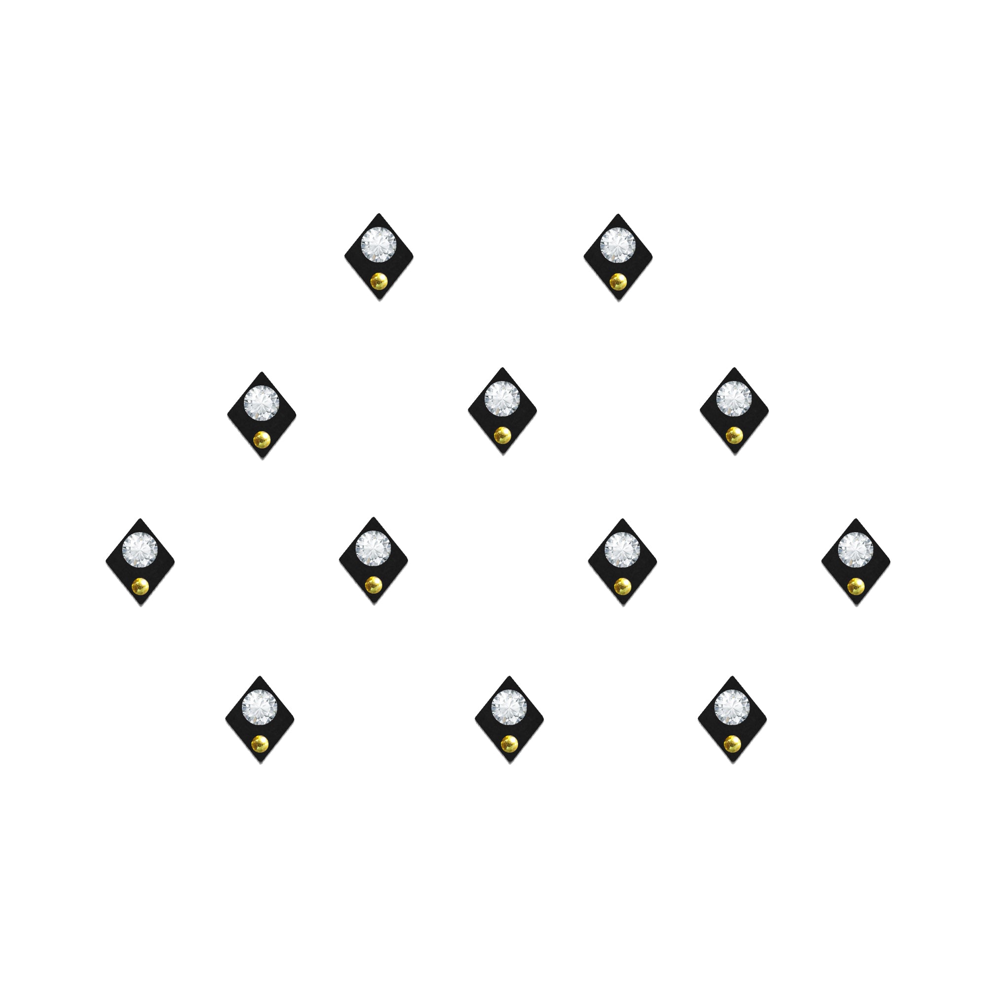 diamond-shaped fabric bindis featuring clear crystal stones with golden bead accents on maroon base, designed for traditional and festive ethnic wear.