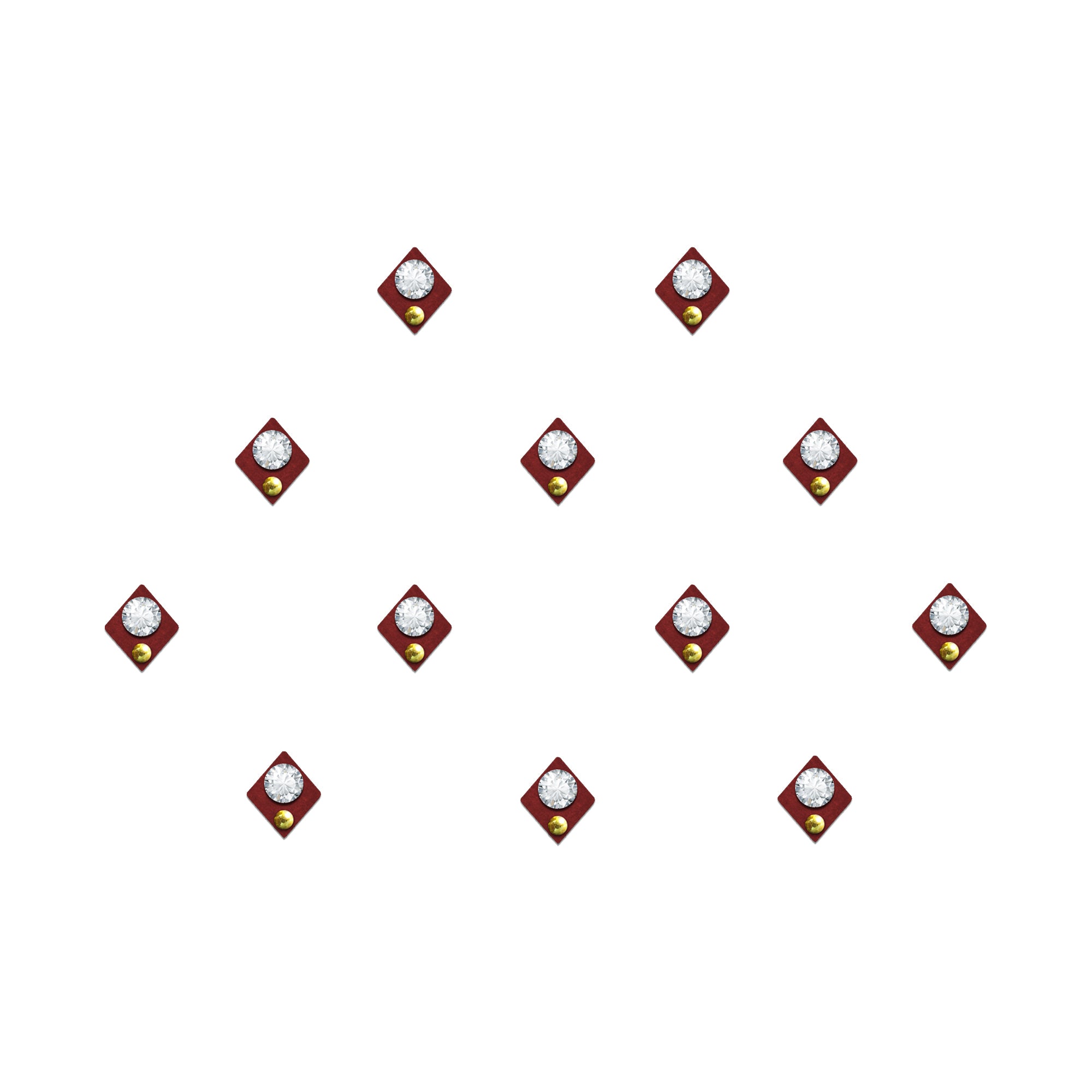 diamond-shaped fabric bindis featuring clear crystal stones with golden bead accents on maroon base, designed for traditional and festive ethnic wear.