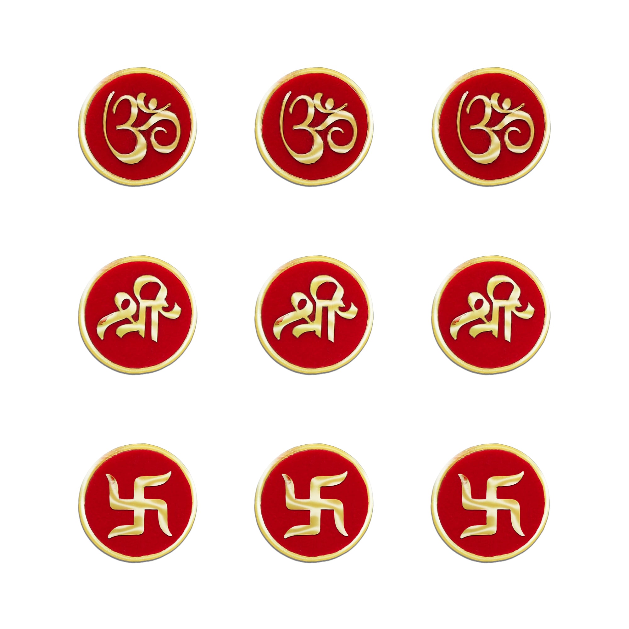 Indira by Comet Busters® premium designer bindi featuring sacred Om, Shree, and Swastik symbols in antique gold on a vibrant red velvet round base for women and girls.