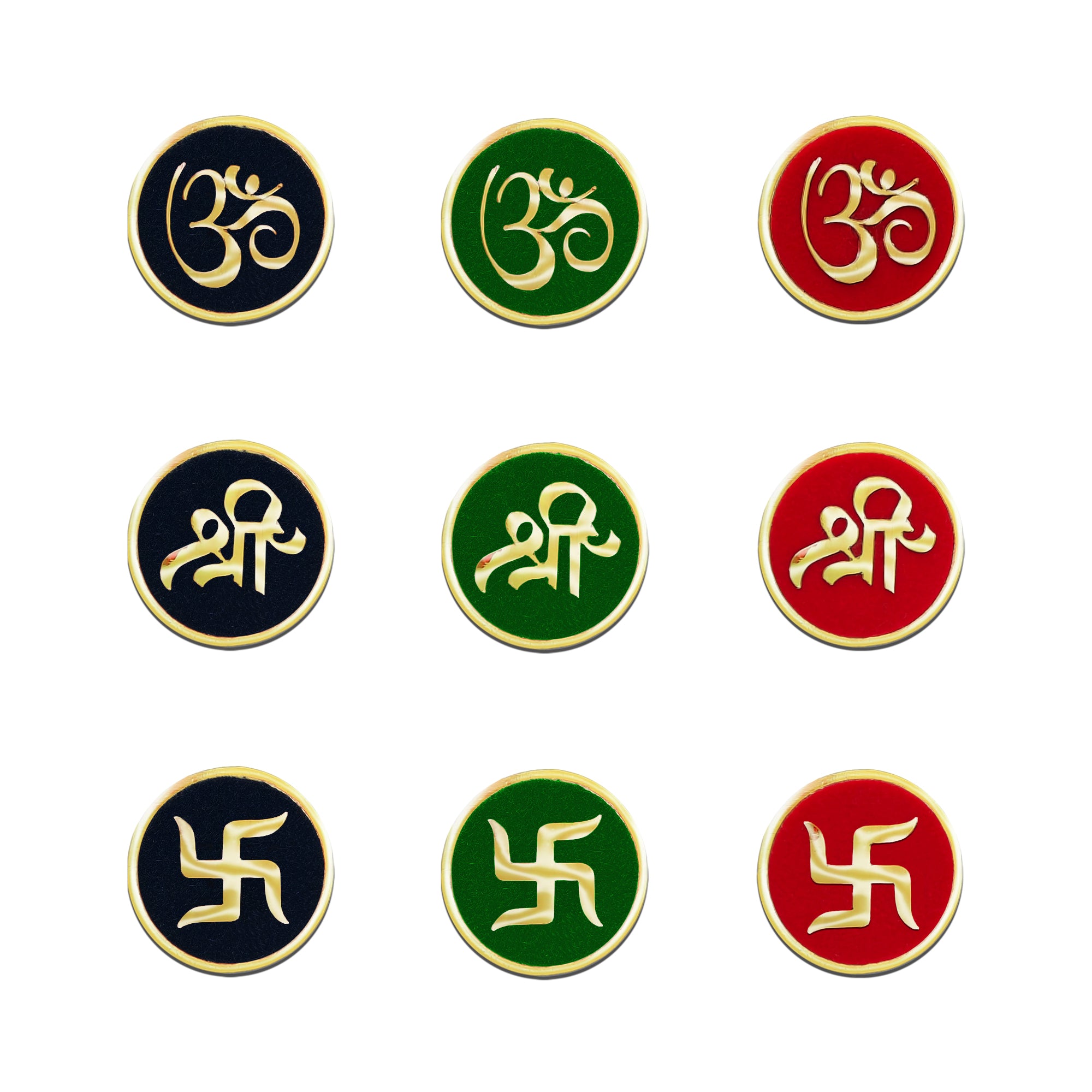 Indira by Comet Busters® premium tricolor designer bindi featuring Om, Shree, and Swastik symbols in antique gold on black, green, and red velvet round bases for women and girls.