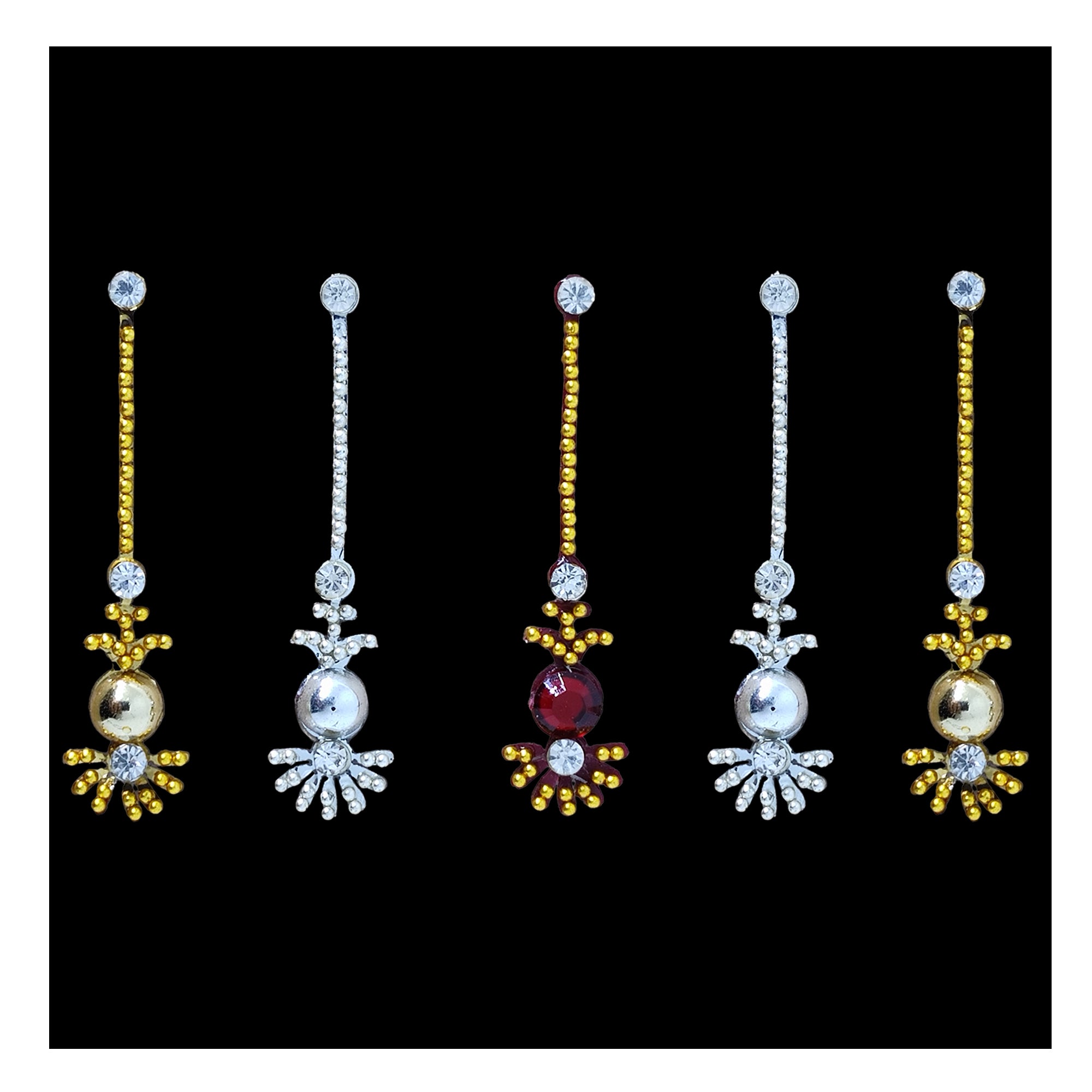 Comet Busters dual-tone designer long bindis featuring gold and silver finishes with pearl bead centers, sparkling crystal accents, and elegant linear detailing. Self-adhesive forehead bindis perfect for weddings, festivals, bridal wear, puja, parties, classical dance, and traditional ethnic outfits.