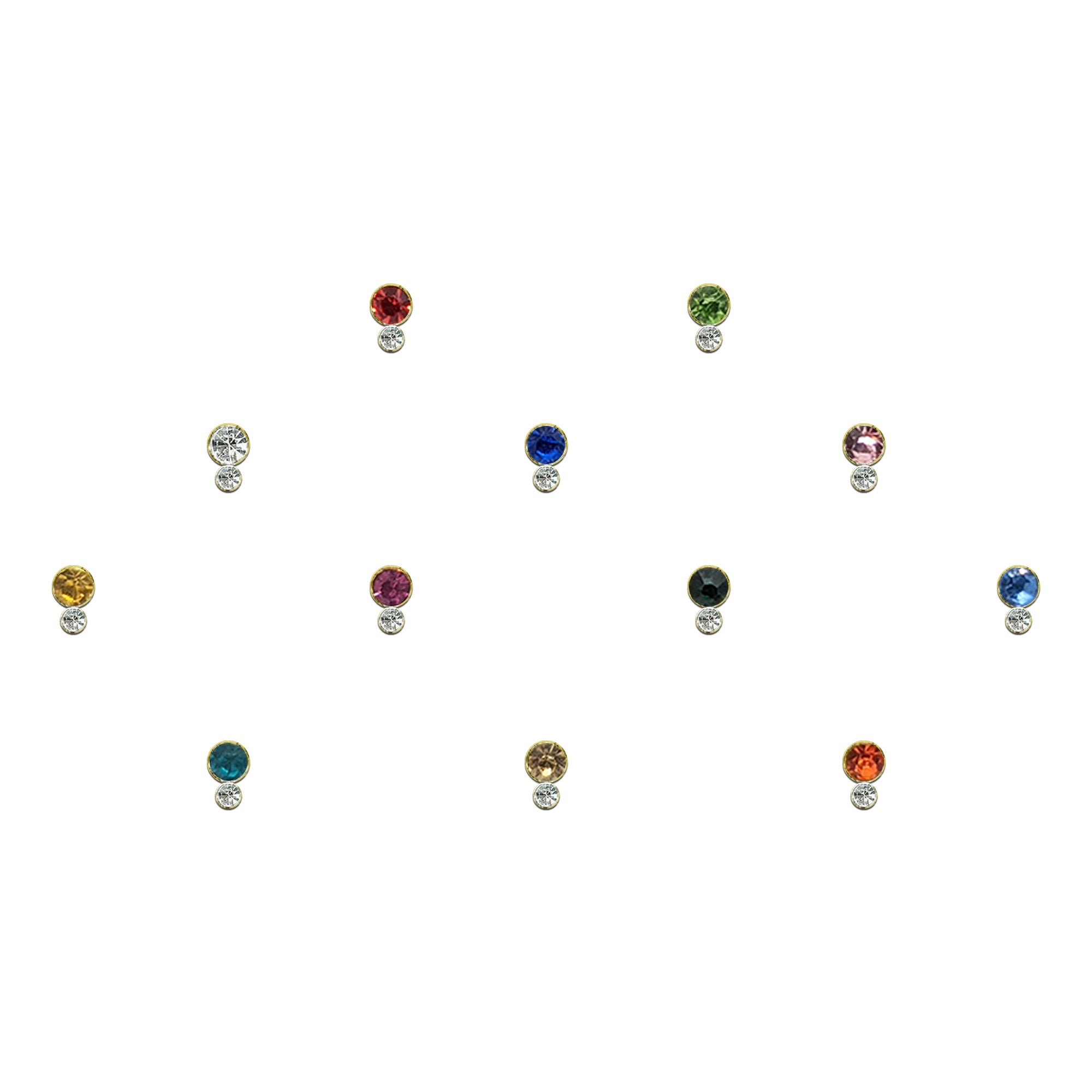 Comet Busters multicolor dual stone bindis featuring sparkling round crystal stones with mini drop accents in vibrant shades for festive, party, and ethnic wear styling.