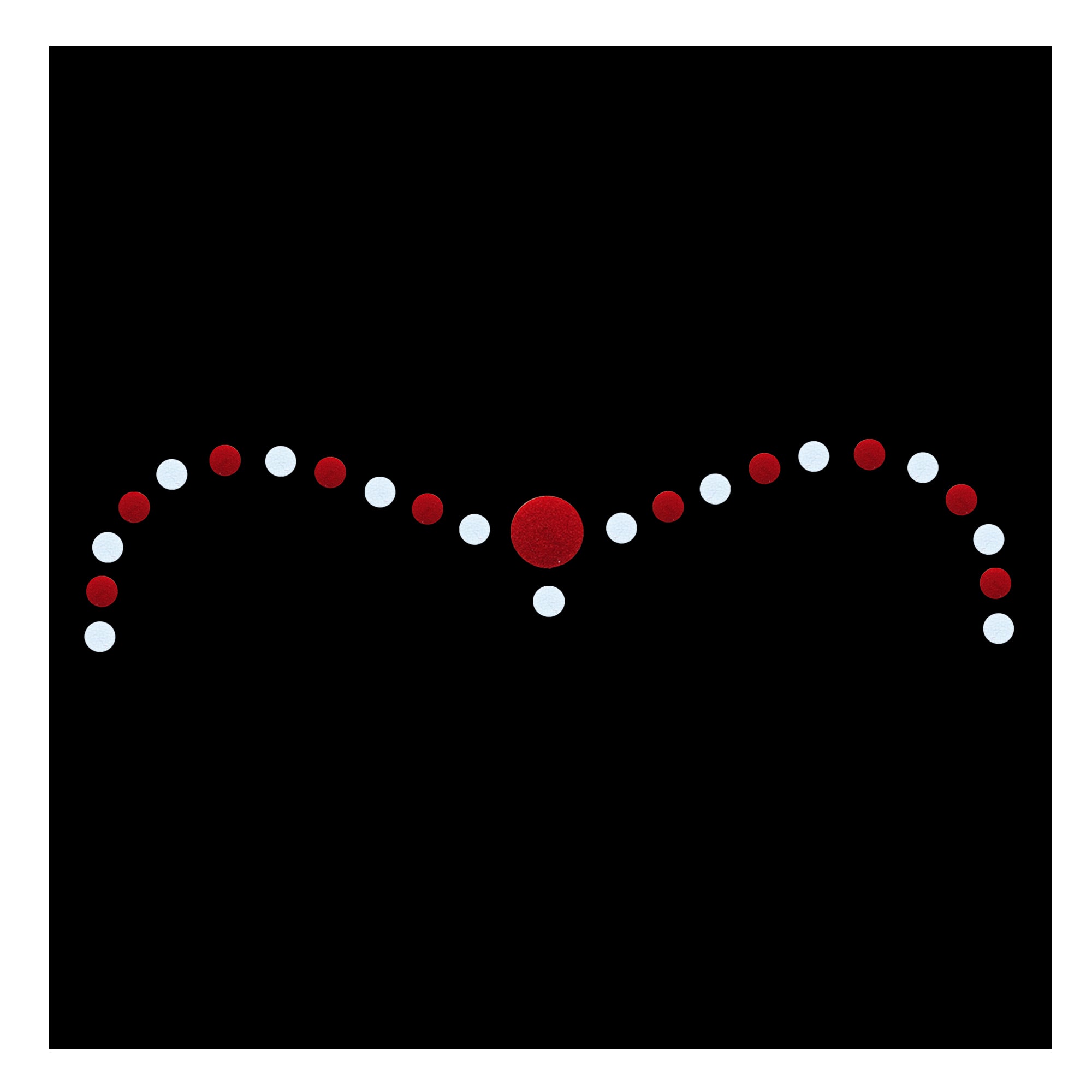 Comet Busters dual tone curve bindis featuring a central red round velvet bindi with alternating red and white mini bindis arranged in a graceful curved pattern on black and white backgrounds, elegant self-adhesive traditional forehead bindi set for women and girls.
