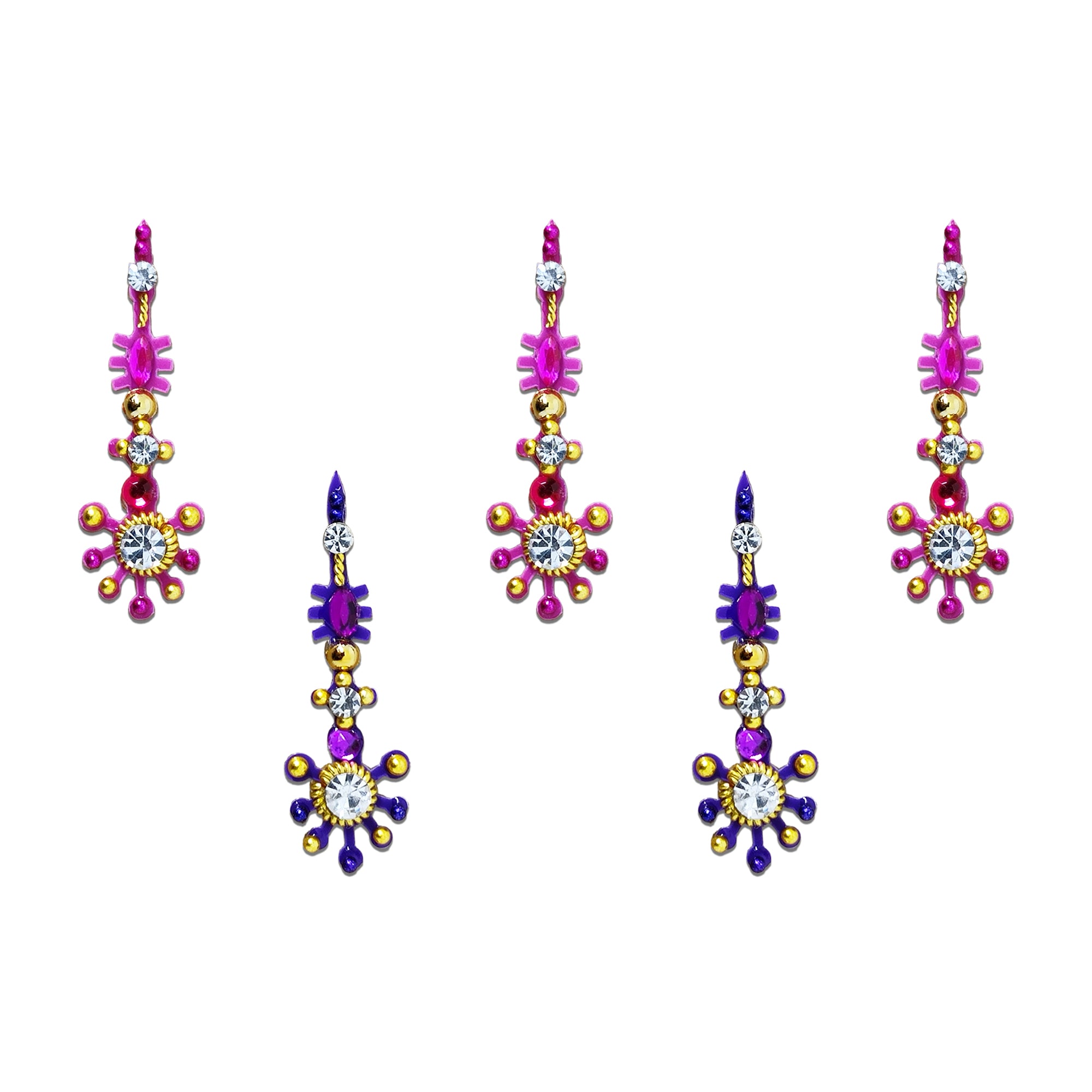 Comet Busters Dual Tone Floral Drop Designer Bindi featuring alternating pink and purple long bindis embellished with sparkling clear crystals, gold bead accents, marquise stones, and decorative floral drop motifs. Self-adhesive designer bindis for women and girls, ideal for weddings, festivals, Navratri, Diwali, Karwa Chauth, bridal wear, dance performances, and traditional ethnic occasions.
