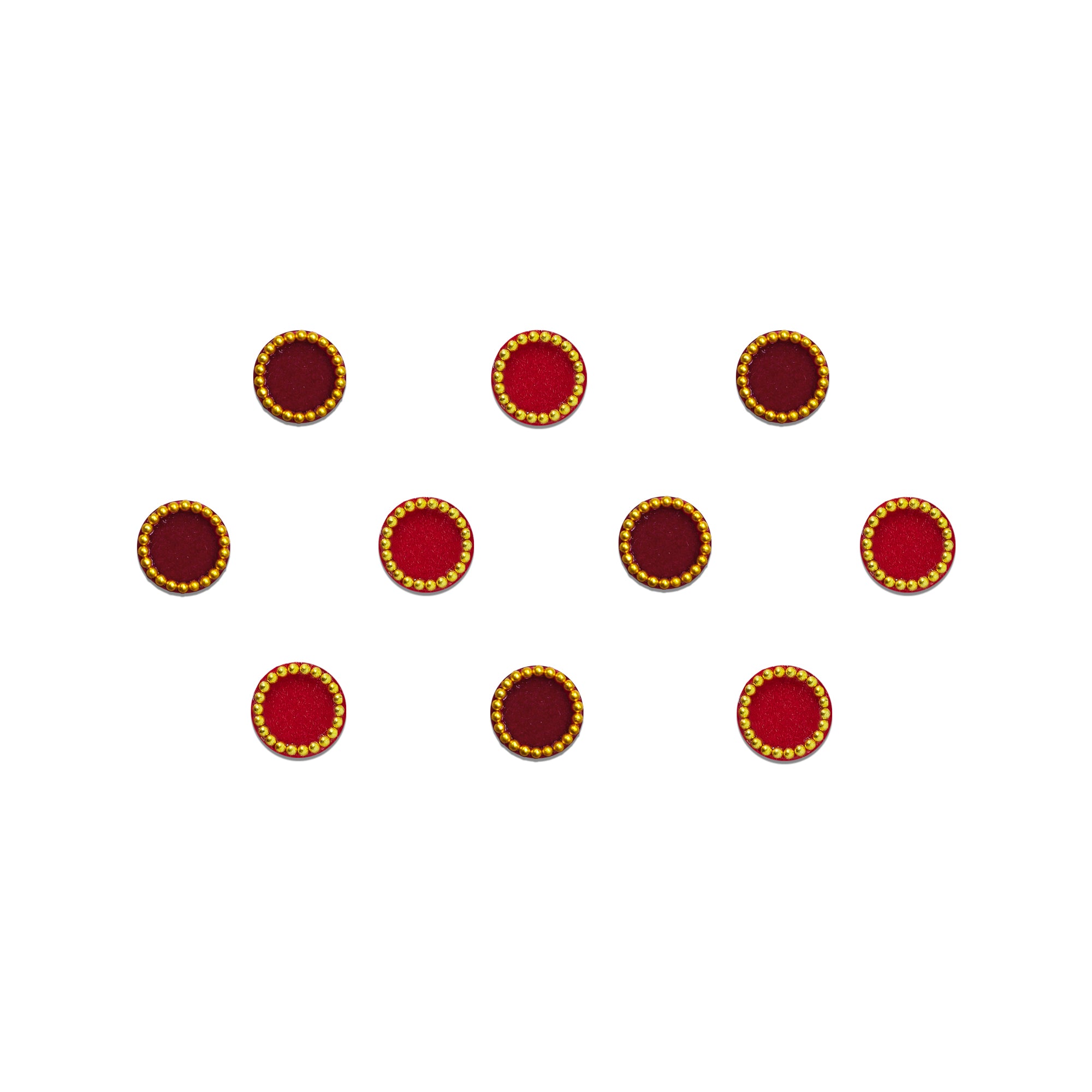 Comet Busters Dual Tone Round Velvet Beaded Bindi featuring classic circular velvet bindis in alternating maroon and bright red shades, finished with an elegant gold micro-beaded border. Soft, self-adhesive, lightweight, and comfortable for women and girls. Perfect for daily wear, weddings, festivals, pooja, traditional ceremonies, office wear, and ethnic outfits.