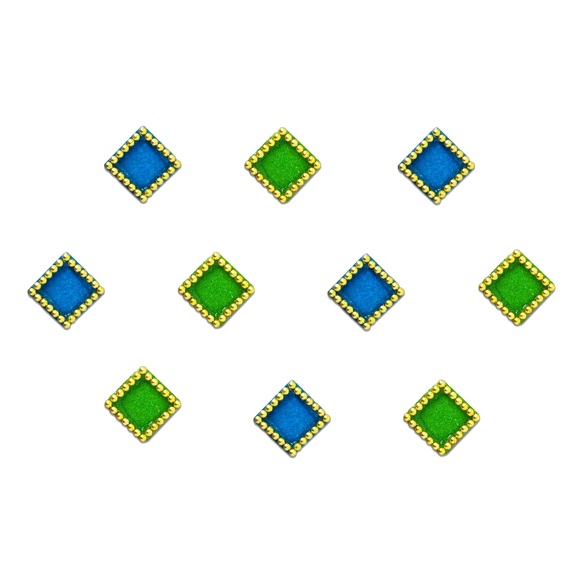 Comet Busters Dual Tone Velvet Diamond Bindi featuring royal blue and bright green diamond-shaped bindis with a soft velvet finish and elegant gold bead border. These self-adhesive geometric designer bindis are perfect for women and girls for daily wear, festivals, Navratri, Diwali, weddings, puja, cultural celebrations, and traditional or Indo-western outfits.