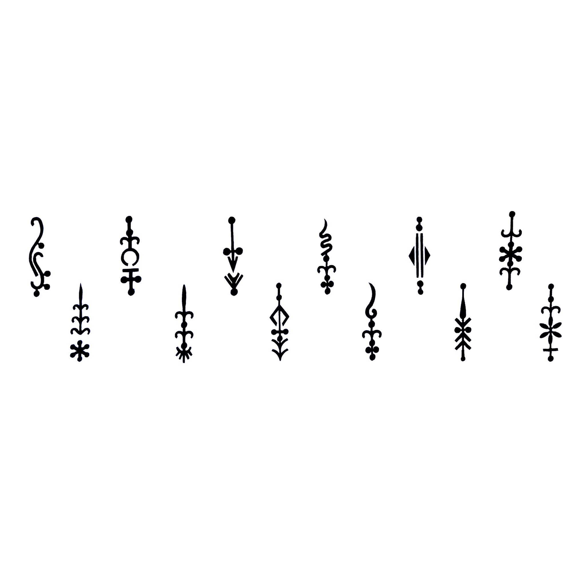 Comet Busters Tribal Elegance Black Designer Bindi Collection featuring 12 self-adhesive black bindis with artistic tribal, arrow, floral, swirl, and geometric vertical motifs. Minimalist designer forehead bindis for women and girls, perfect for daily wear, festive occasions, traditional attire, cultural events, dance performances, and Indo-western styling.