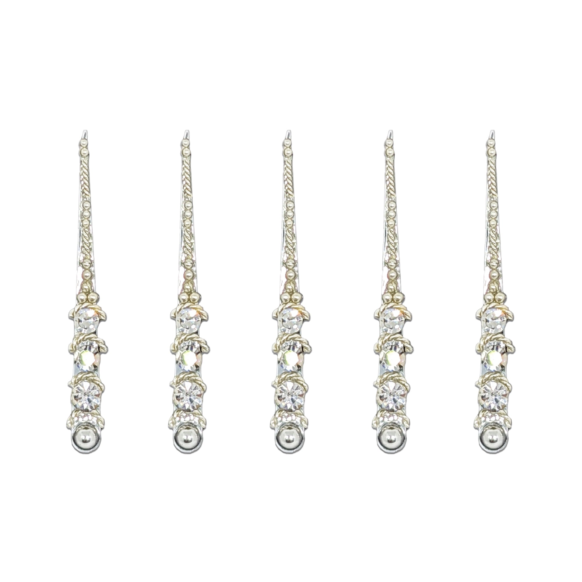 Comet Busters Silver Crystal Long Drop Bindi featuring a sleek vertical design embellished with sparkling white crystal stones and silver bead accents. Premium self-adhesive designer bindi ideal for bridal wear, weddings, festivals, parties, and traditional ethnic fashion.