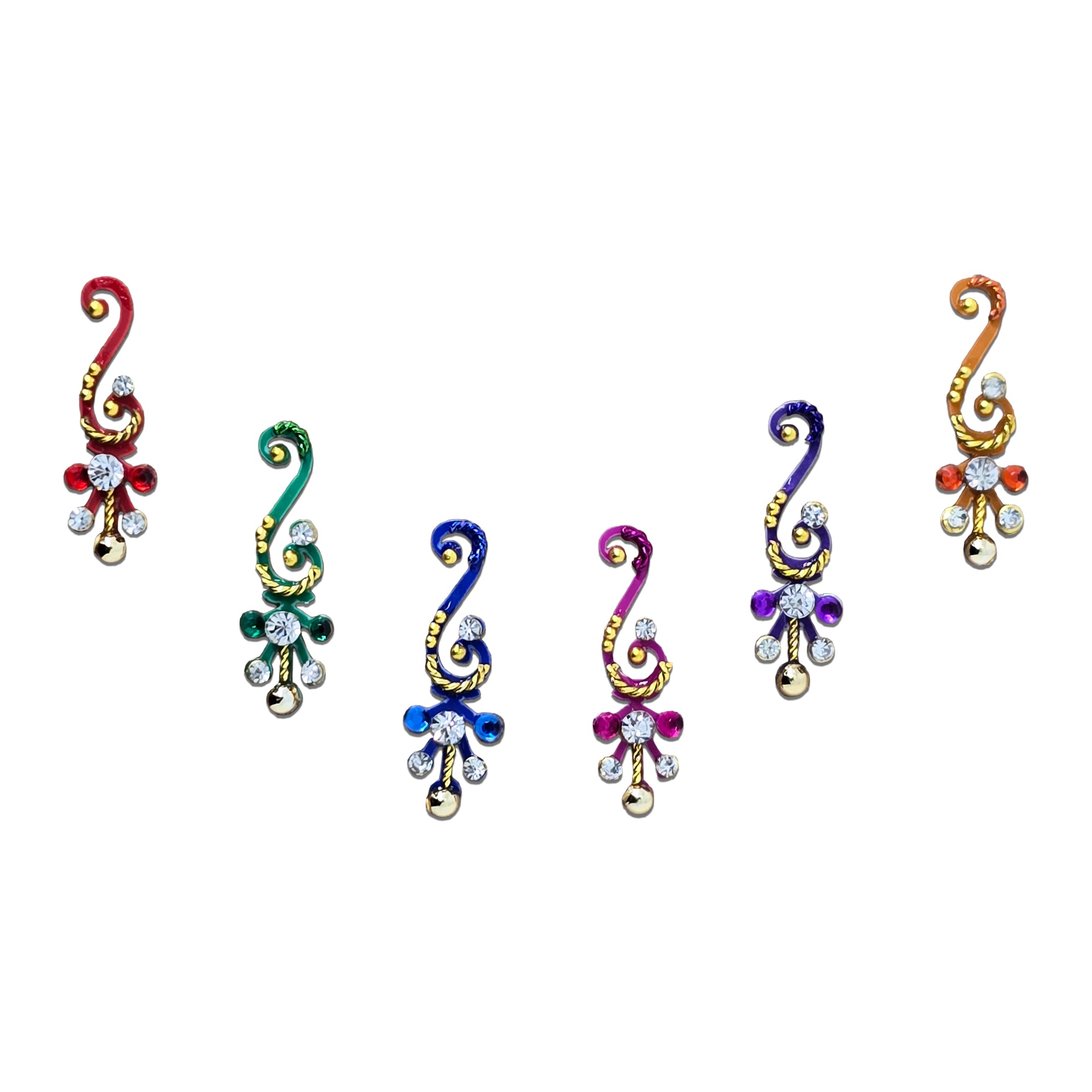 Comet Busters Royal Curved Crystal Drop Designer Bindi featuring elegant multicolor swirl designs with sparkling clear rhinestones, colorful enamel accents, gold detailing, and delicate hanging crystal drops. Self-adhesive reusable designer bindis for women and girls, ideal for weddings, bridal wear, festivals, Navratri, Diwali, parties, classical dance performances, and traditional ethnic attire.