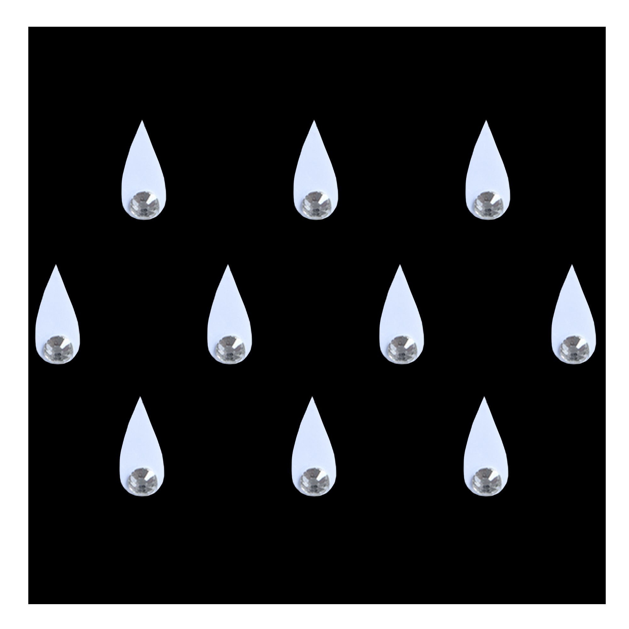 Comet Busters teardrop-shaped designer bindis featuring a sparkling silver crystal stone set within an elegant drop silhouette. Self-adhesive bindis perfect for festive occasions, weddings, ethnic wear, parties, and traditional Indian styling.