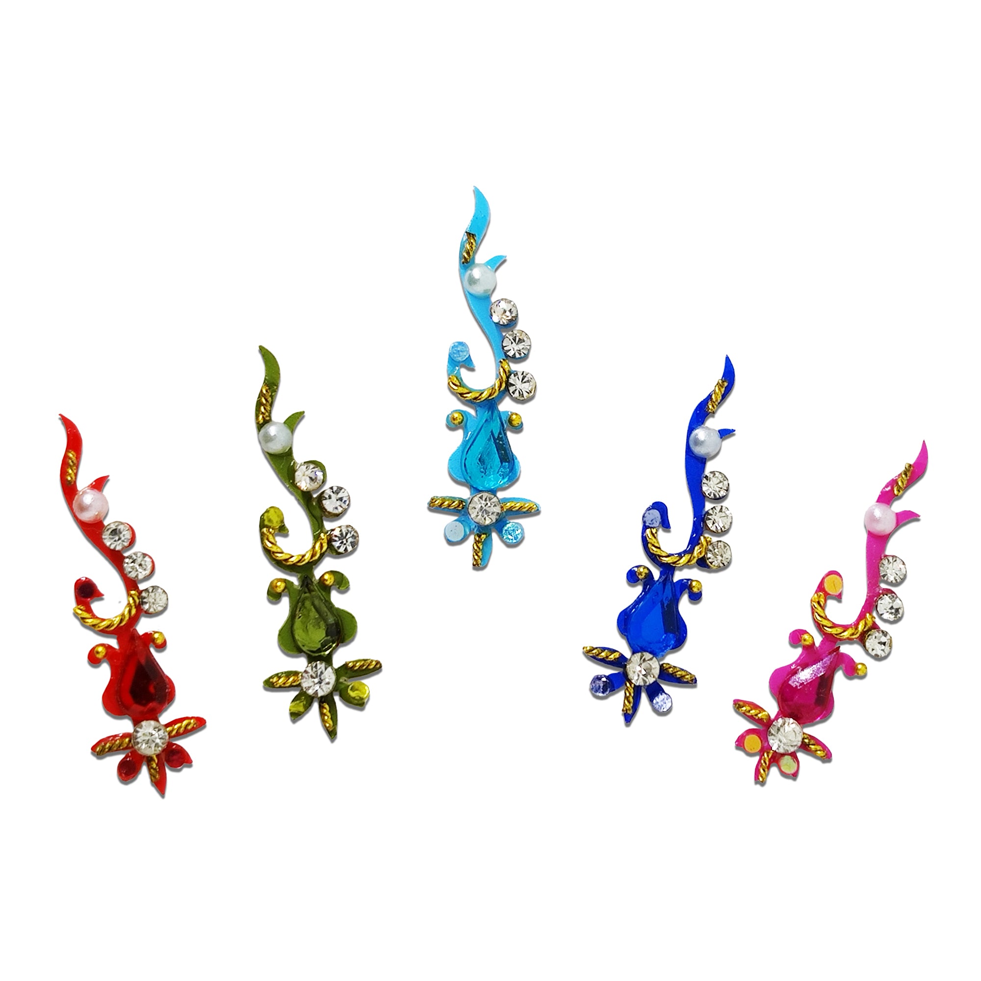 Comet Busters royal sapphire floral vine designer bindi featuring an elegant curved vine design with sparkling crystal stones, pearl accents, gold detailing, and a floral crystal base. Self-adhesive premium fashion bindi for women and girls, perfect for weddings, bridal makeup, Navratri, Diwali, Karwa Chauth, festive celebrations, traditional ceremonies, classical dance performances, parties, and ethnic wear.