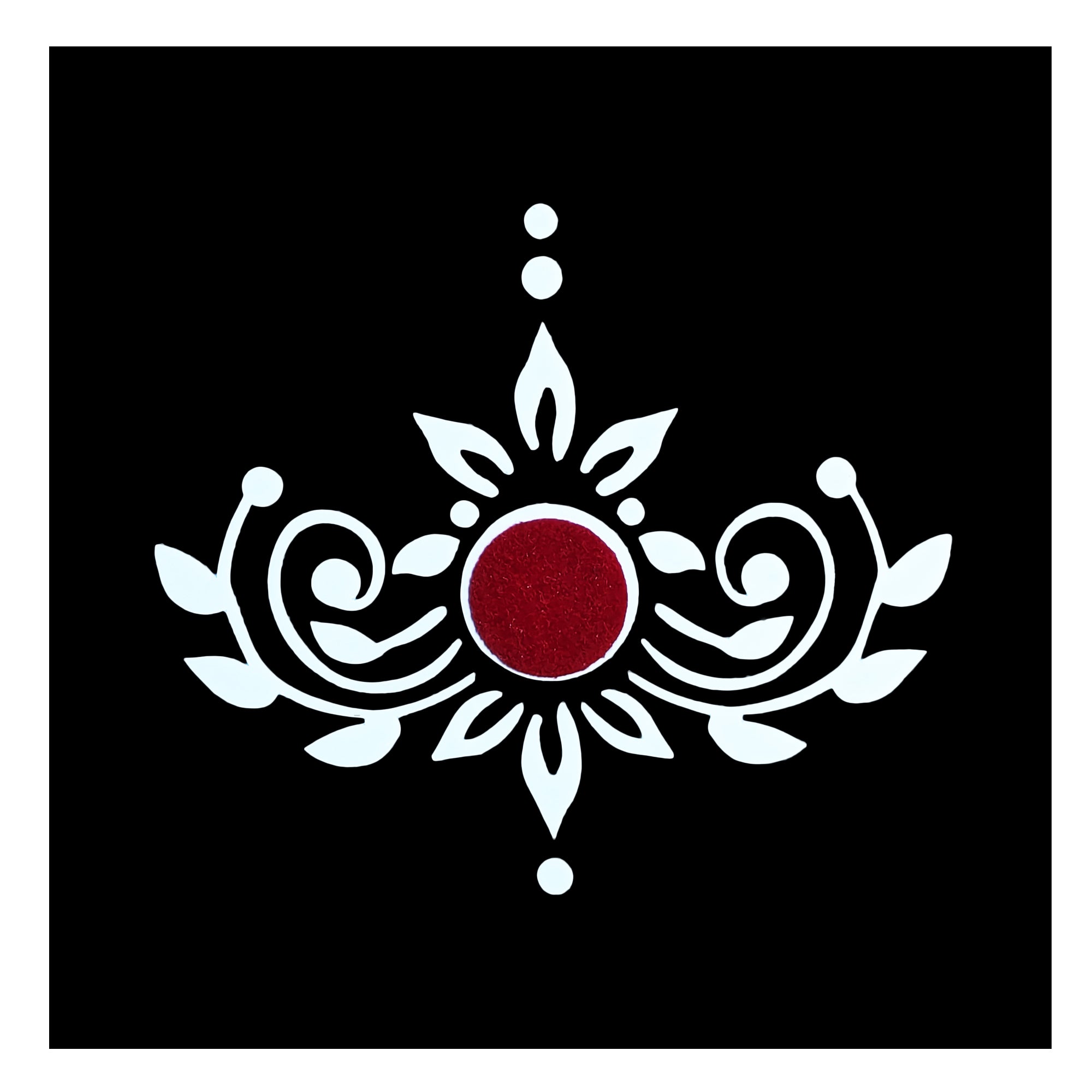 Comet Busters designer bindi featuring a white ornamental floral vine pattern with lotus-inspired detailing and a red velvet circular center on a black background, creating a bold traditional ethnic look.