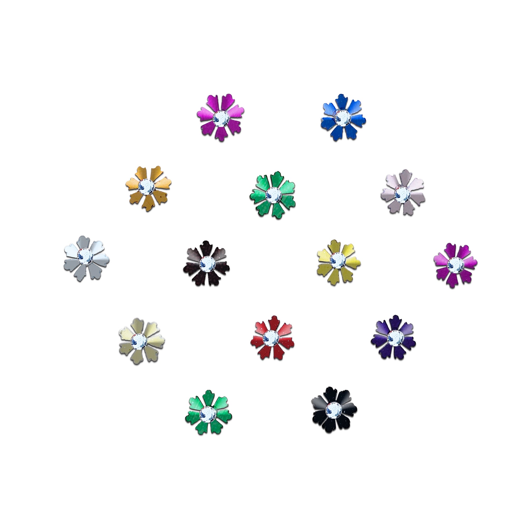 Multicolor floral designer bindi with petal-shaped detailing and sparkling crystal stone center, elegant stick-on forehead accessory for festive and ethnic wear.