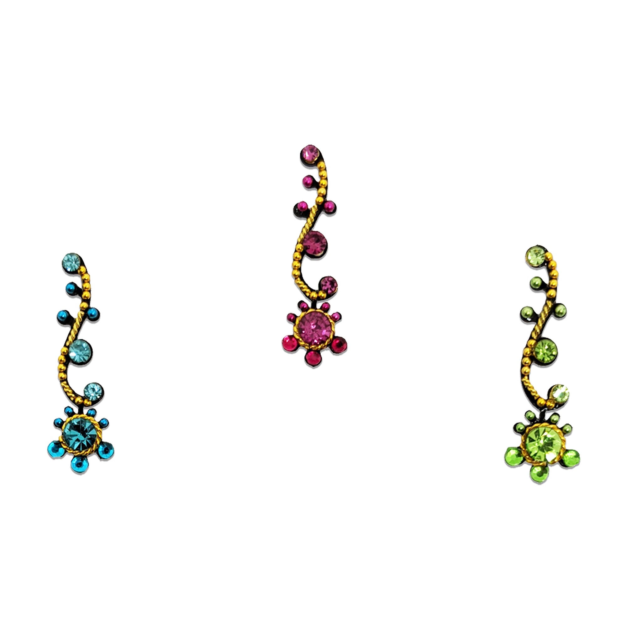 Comet Busters multicolor paisley-style bindis featuring curved vine patterns with sparkling crystal stones in Red , blue, and green shades accented with gold detailing for festive and traditional wear.