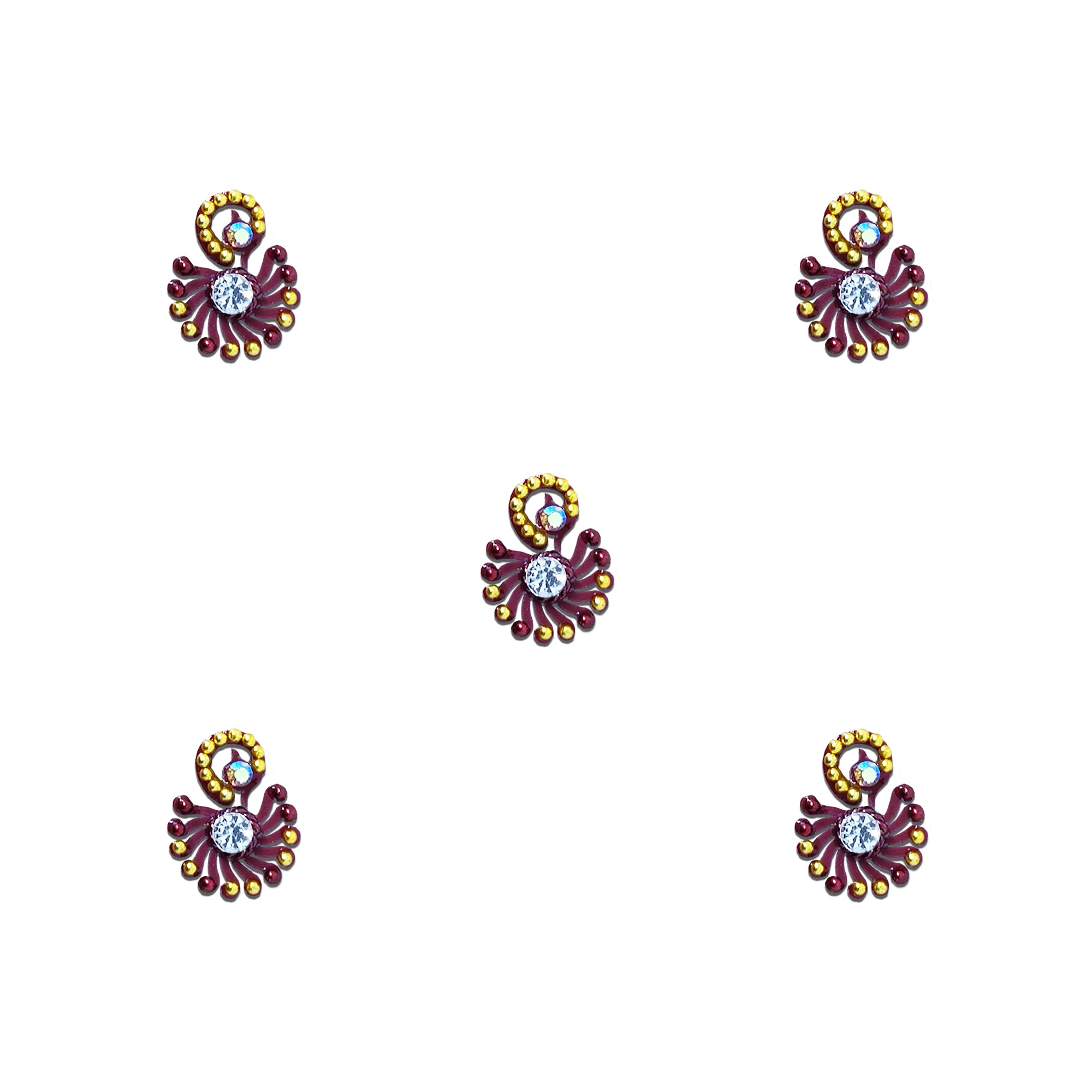 Comet Busters designer bindi featuring a sparkling white crystal center with black peacock-inspired fan detailing and gold bead accents.