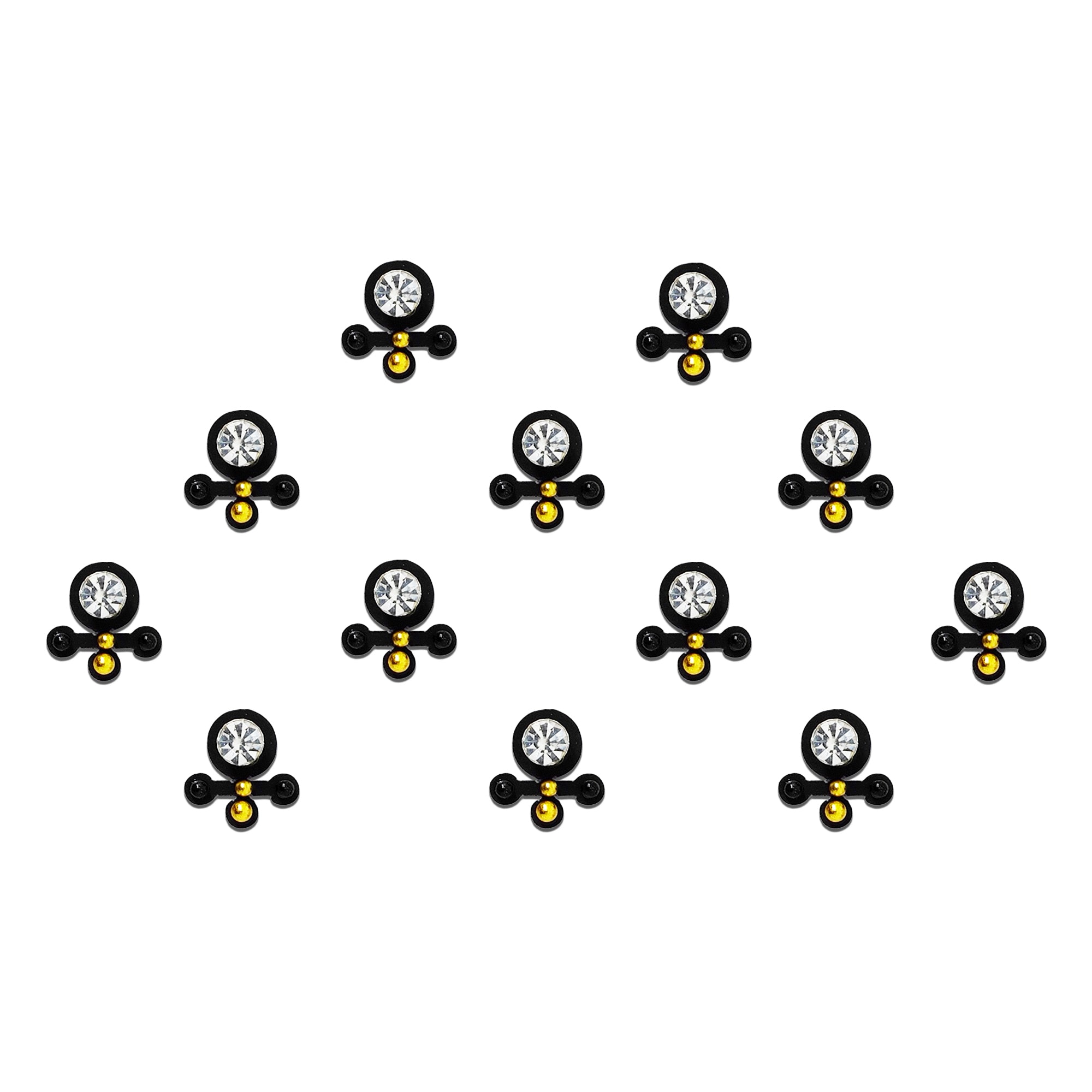 Comet Busters designer bindi featuring a clear crystal centerpiece with black side accents and gold bead detailing in a modern geometric pattern.