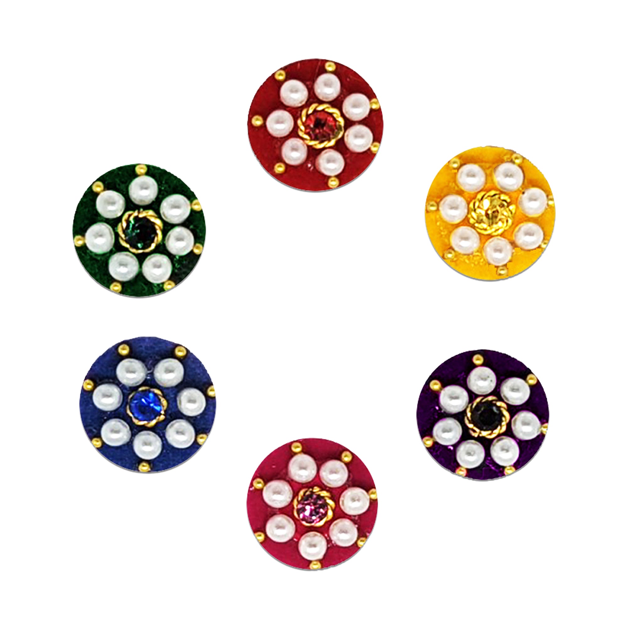 Comet Busters premium pearl floral designer bindi with crystal stone center and colorful velvet base for festive and ethnic styling.