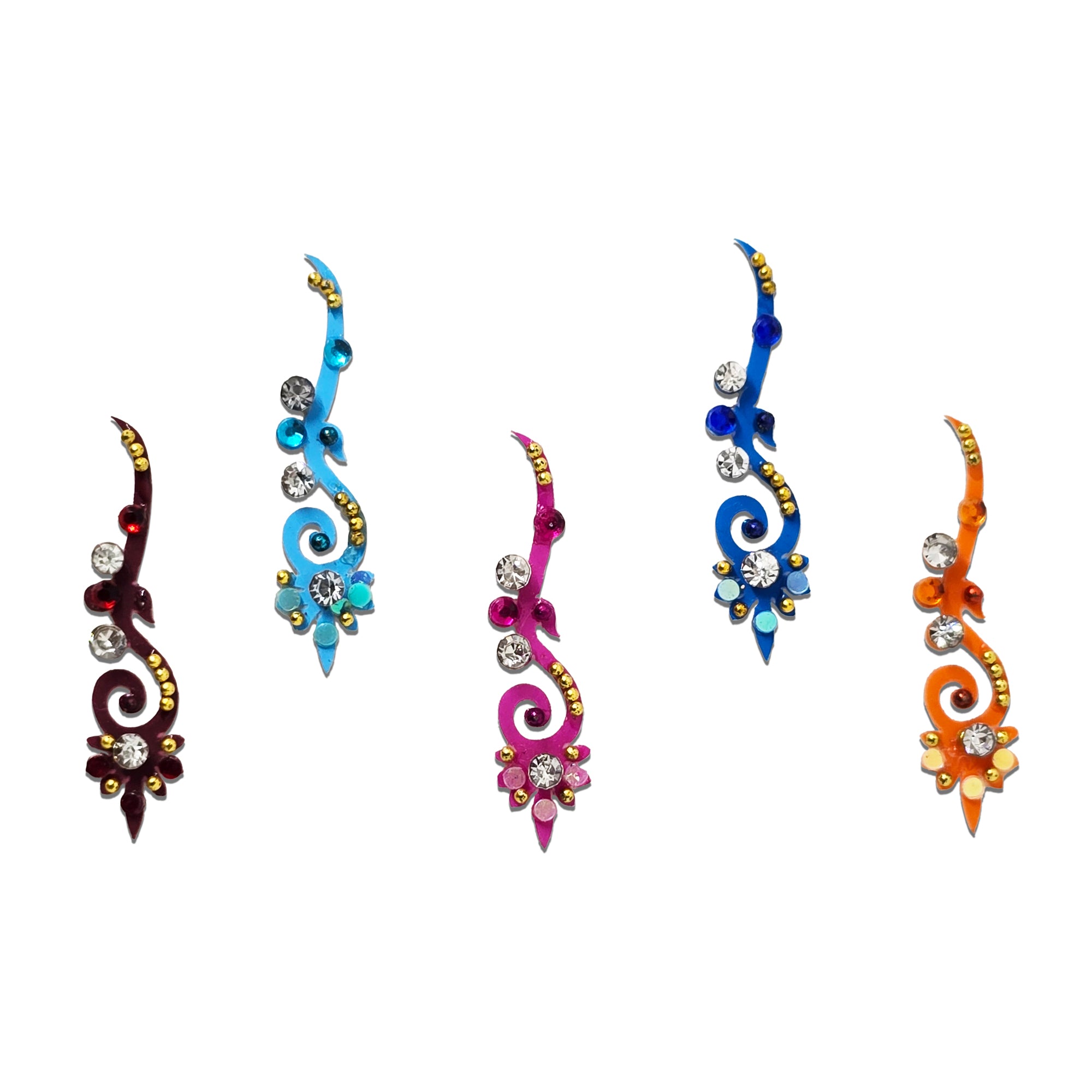Comet Busters Royal Spiral Crystal Floral Designer Bindi featuring elegant multicolor enamel swirl patterns with sparkling clear rhinestones, floral accents, and gold detailing. Self-adhesive reusable long designer bindis for women and girls, perfect for weddings, bridal wear, festivals, Navratri, Diwali, parties, classical dance performances, and traditional ethnic outfits.