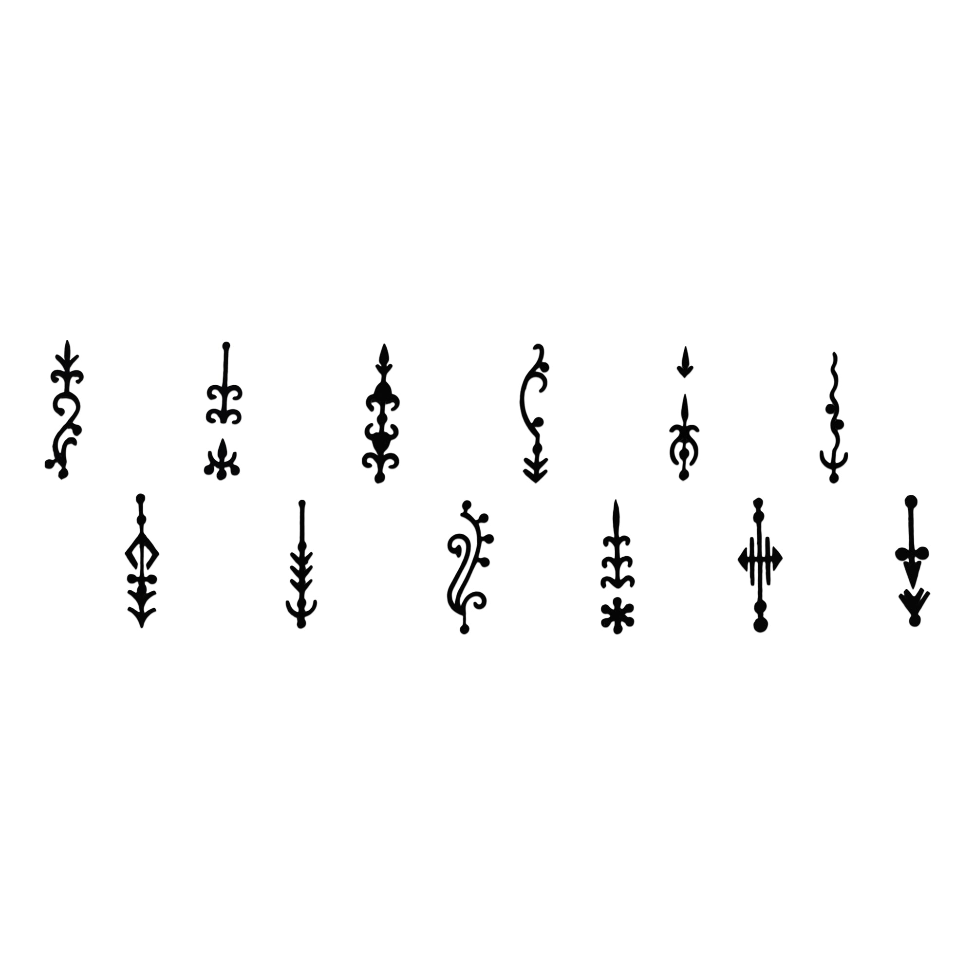 Comet Busters Elegant Tribal Black Tattoo Bindi Collection featuring intricate vertical tribal, ornamental, vine, arrow, floral, and geometric designs in matte black. Self-adhesive temporary forehead bindis for women and girls, ideal for festivals, bohemian fashion, cultural events, dance performances, photoshoots, parties, and modern ethnic styling.