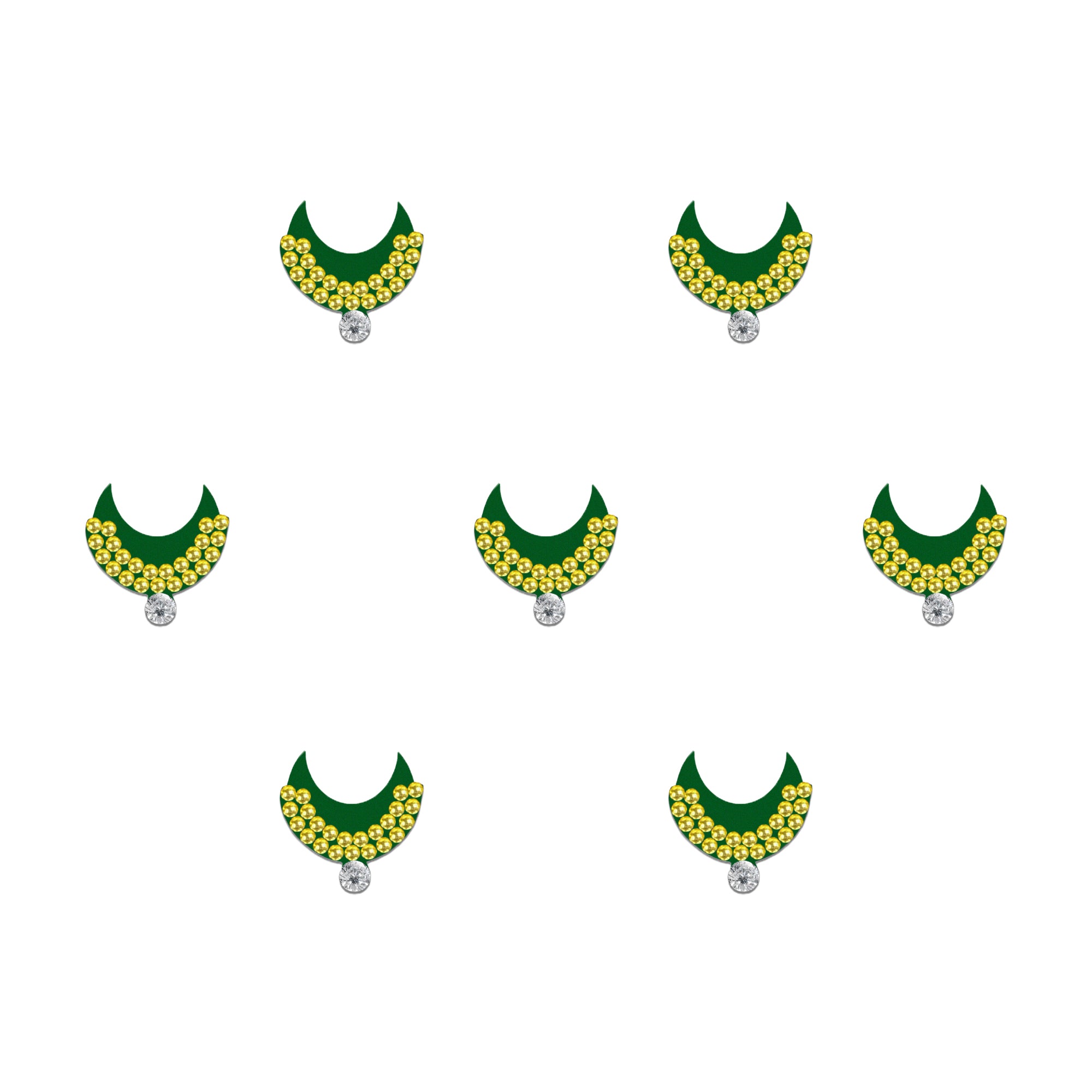 Comet Busters emerald chand designer bindis featuring dark green crescent and round bindis decorated with golden rhinestone detailing and crystal drop accents, elegant self-adhesive festive bindi set for women and girls with forehead styling reference and premium packaging.