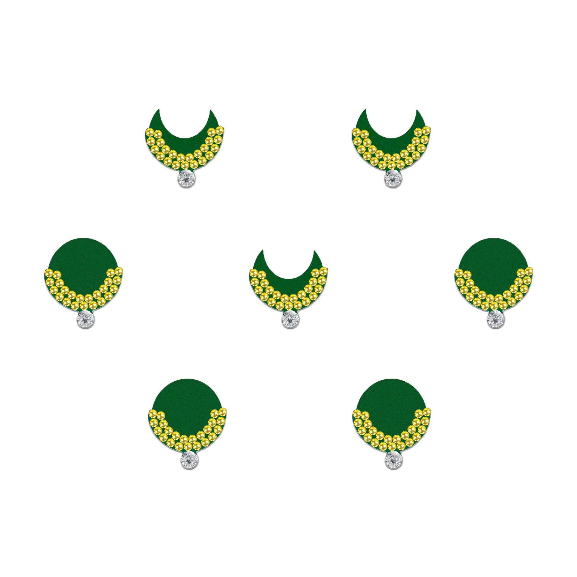Comet Busters emerald chand designer bindis featuring dark green crescent and round bindis decorated with golden rhinestone detailing and crystal drop accents, elegant self-adhesive festive bindi set for women and girls with forehead styling reference and premium packaging.