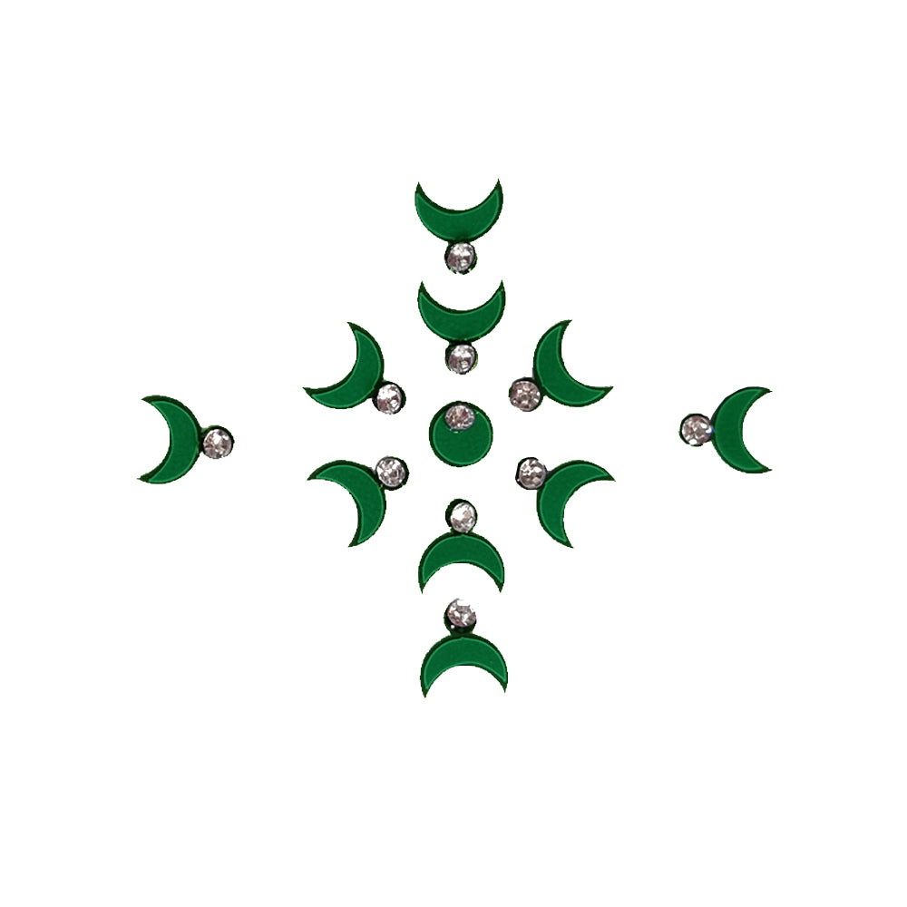 Comet Busters emerald green crescent moon bindis featuring sparkling white stone accents and a central round bindi, designed for festive, ethnic, and traditional forehead styling.