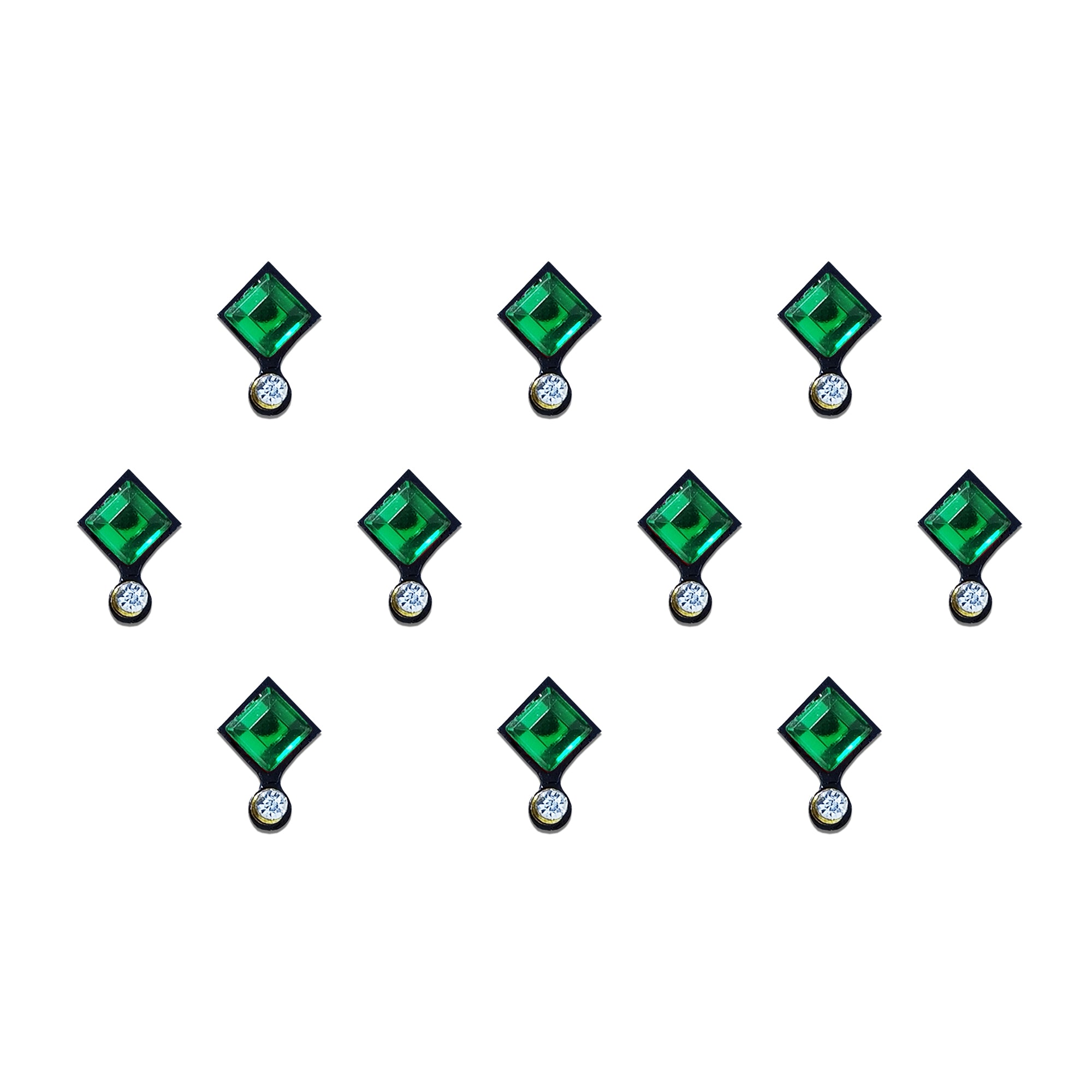 Comet Busters Emerald Square Stone Drop Bindi featuring a vibrant emerald green square-cut crystal in a diamond orientation paired with a sparkling clear round stone drop. Self-adhesive designer bindi for women and girls, ideal for weddings, festivals, parties, Navratri, Diwali, Karwa Chauth, bridal wear, and traditional ethnic outfits.
