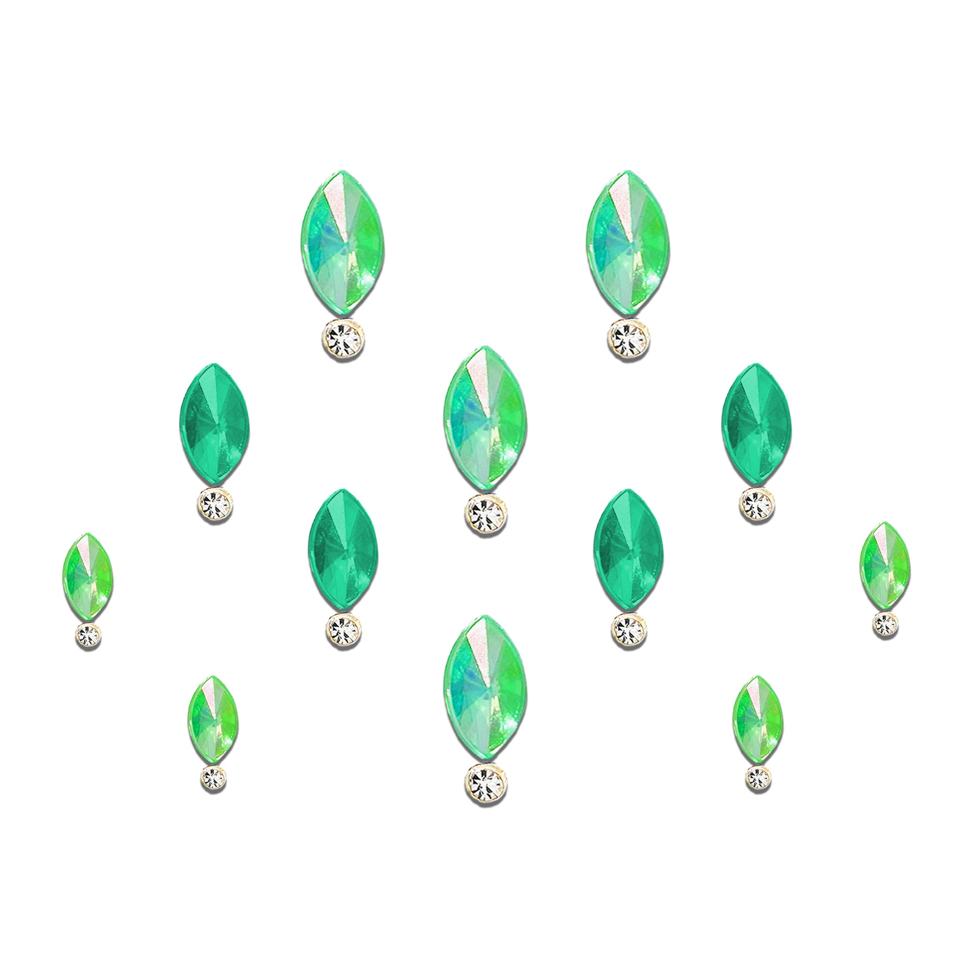 Comet Busters Emerald Glow Navette Crystal Bindi featuring an iridescent emerald green marquise-shaped crystal with a sparkling round crystal accent, self-adhesive designer bindi for women and girls, perfect for weddings, festivals, Navratri, parties, traditional occasions, and elegant ethnic or fusion styling.