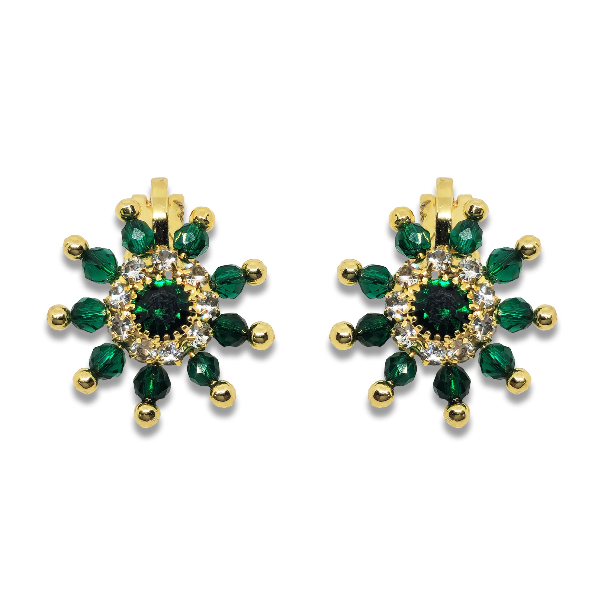 Comet Busters emerald green designer nose stud with faceted green beads, clear rhinestones, gold-tone detailing and a round floral-inspired design on white background.