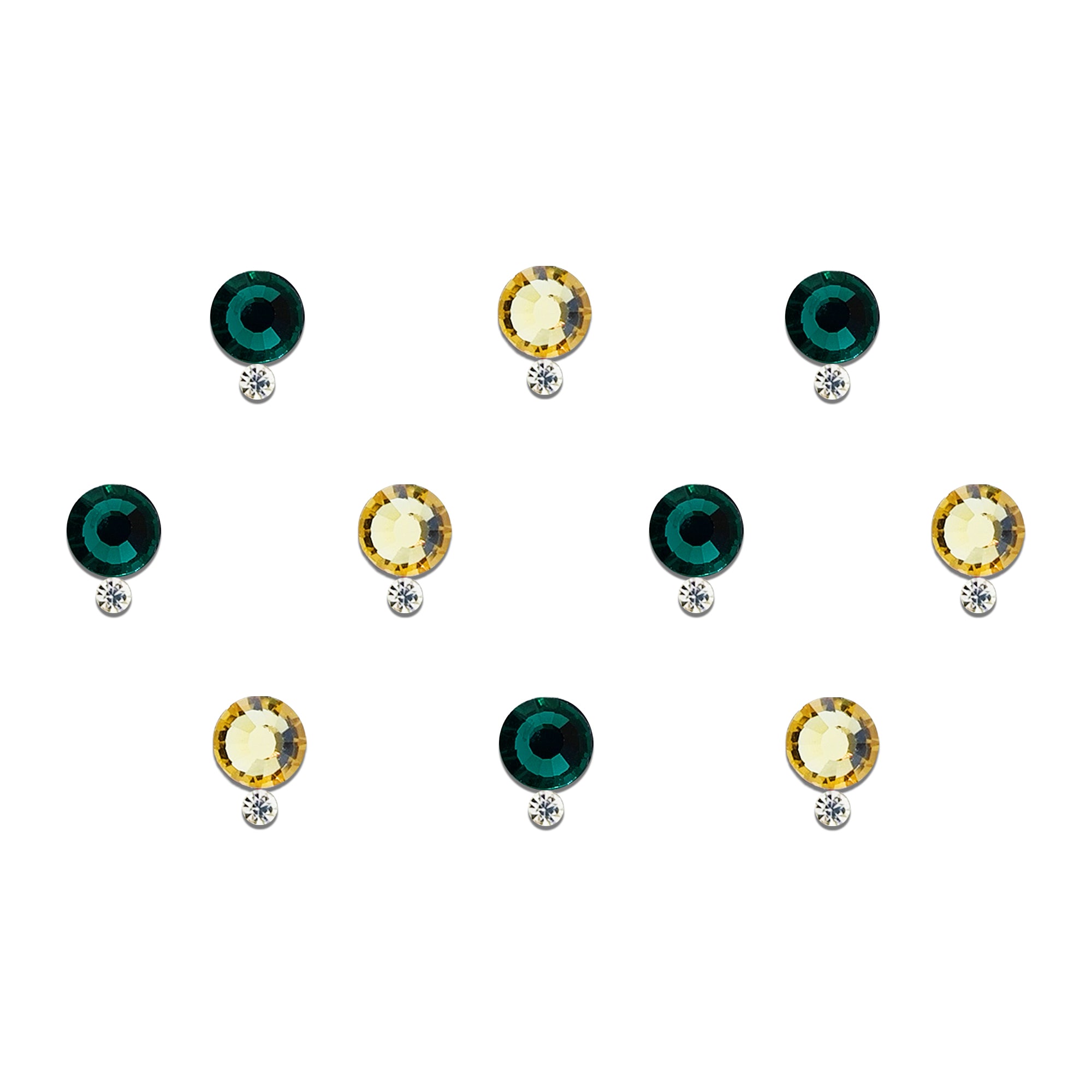 Comet Busters emerald green and champagne crystal round designer bindi sheet featuring 10 reusable self-adhesive bindis with sparkling crystal accents and elegant dual-stone design. Premium festive and ethnic bindis perfect for weddings, bridal wear, Navratri, Diwali, Karwa Chauth, parties, and traditional outfits including sarees, lehengas, salwar suits, and anarkalis.