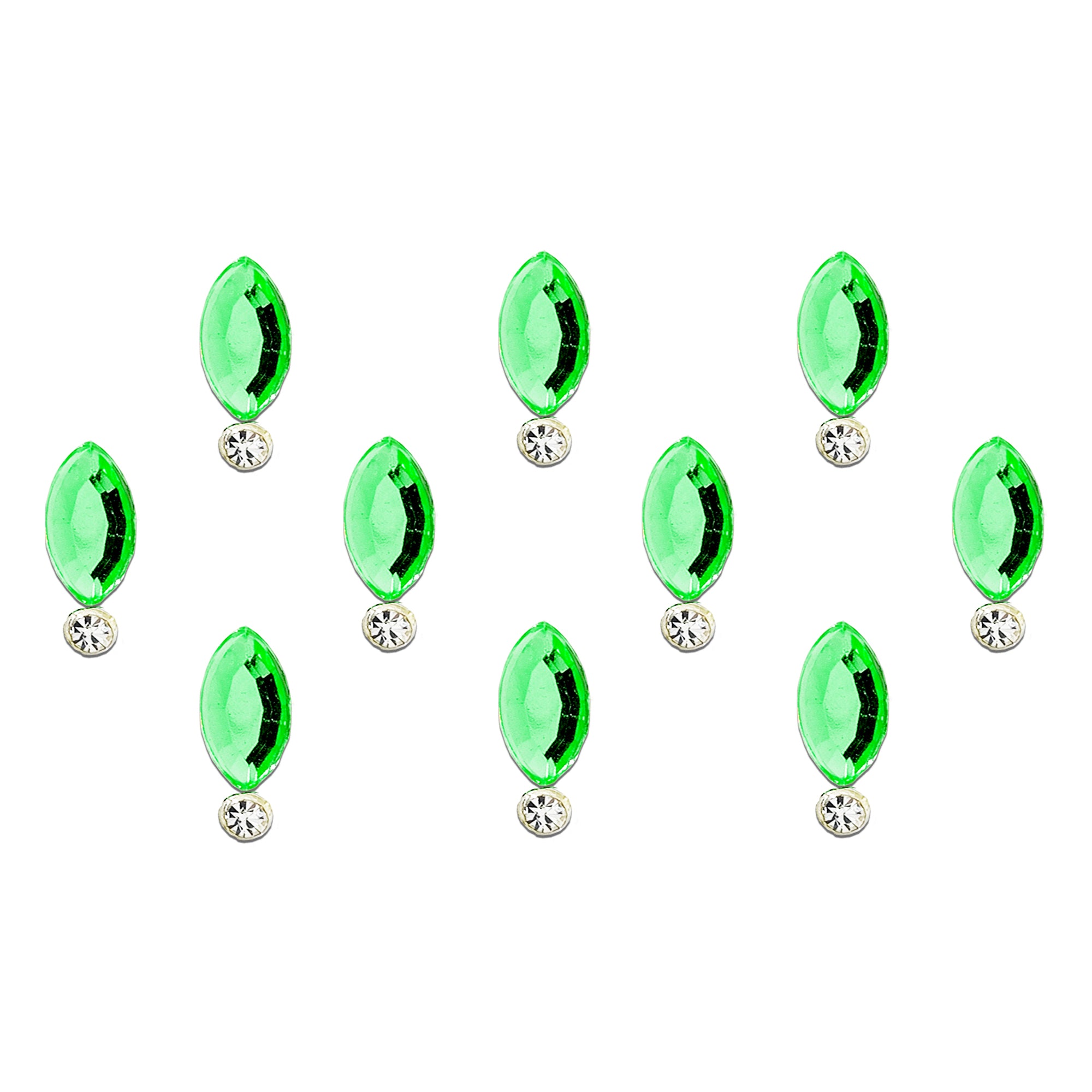 Comet Busters emerald green navette crystal bindi sheet featuring 10 marquise-shaped green stones with sparkling round crystal accents. Premium self-adhesive designer bindis for women and girls, perfect for weddings, festivals, parties, dance performances, traditional attire, and elegant Indo-western styling.