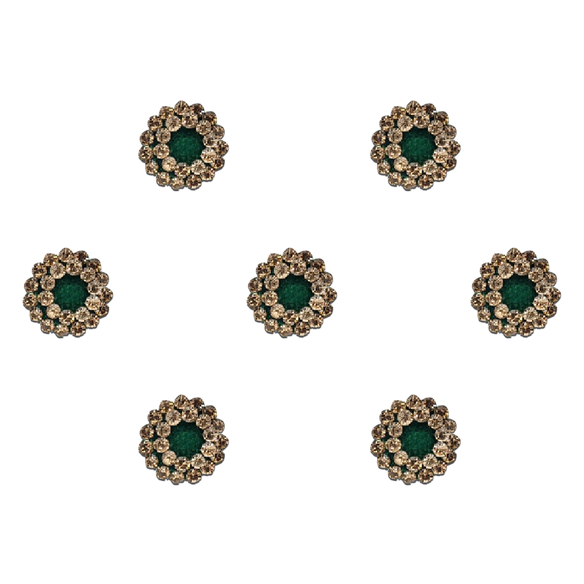 Comet Busters emerald green round bindis featuring sparkling crystal stone floral borders in an elegant traditional designer style for festive and ethnic wear.