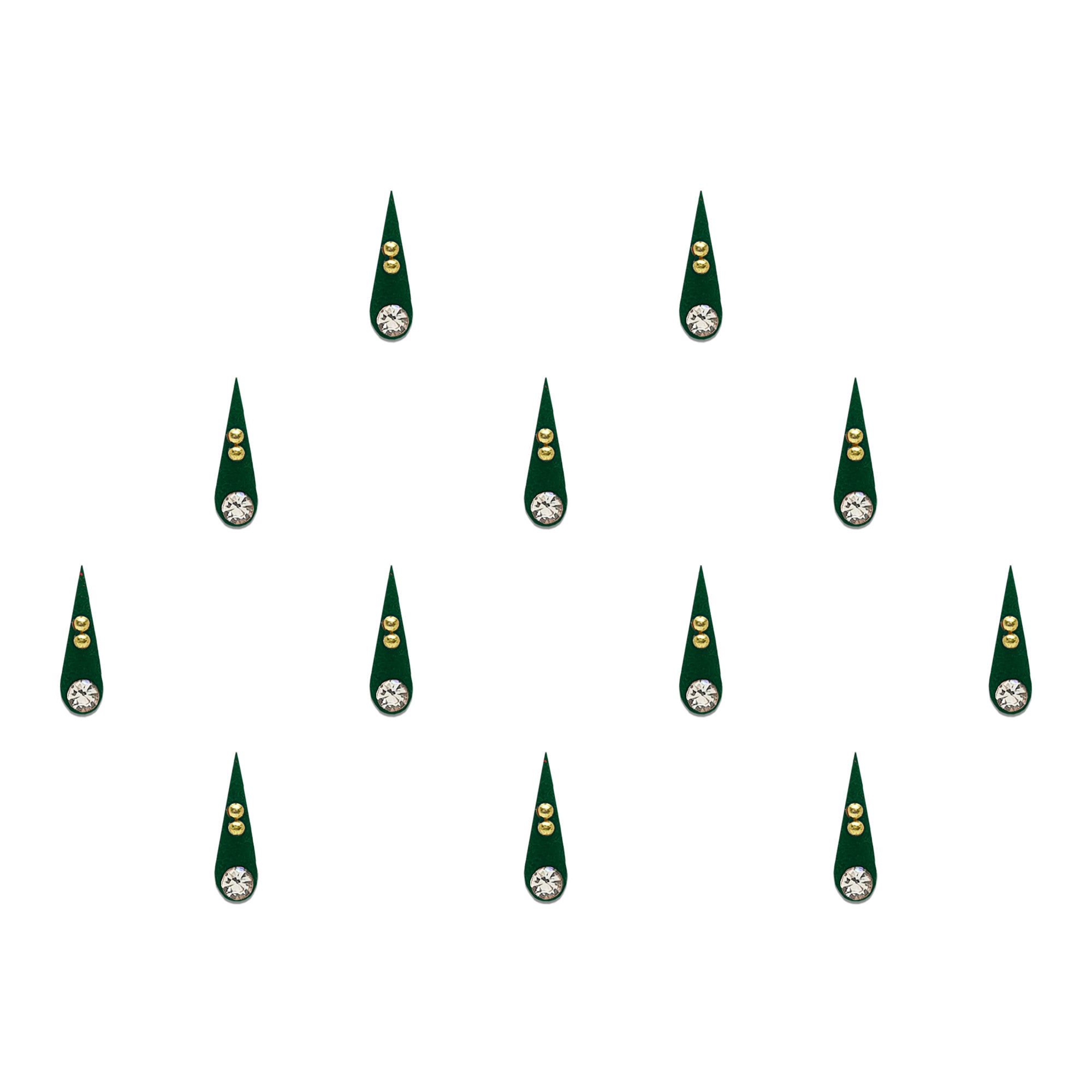 Comet Busters Elegant emerald green teardrop-shaped bindis featuring a sparkling clear crystal base stone and twin gold bead accents, ideal for traditional, festive, and ethnic wear.