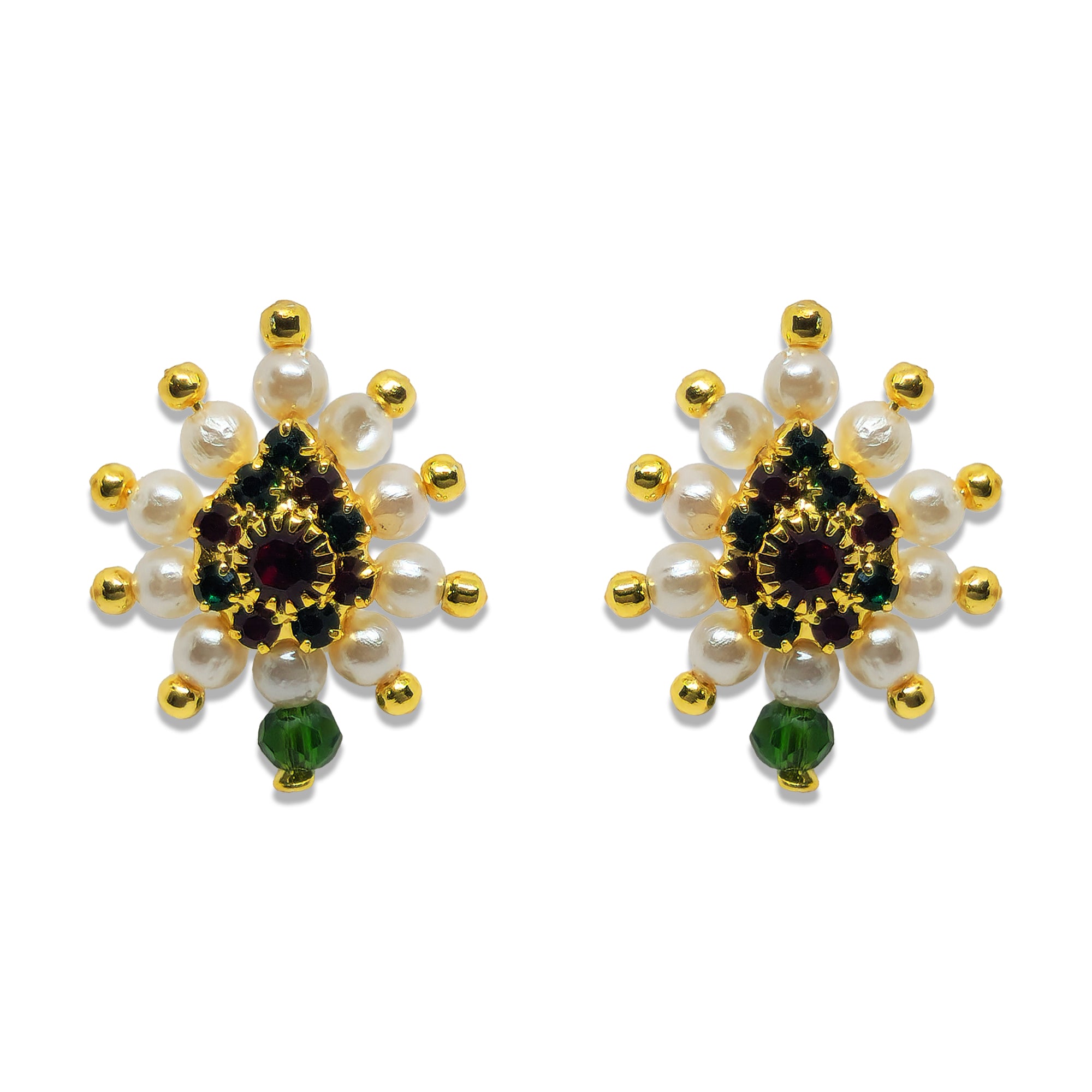 Comet Busters multicolor floral nose stud featuring a deep red center stone, green and maroon gemstones, white pearl beads, gold-tone accents and a dangling green bead.