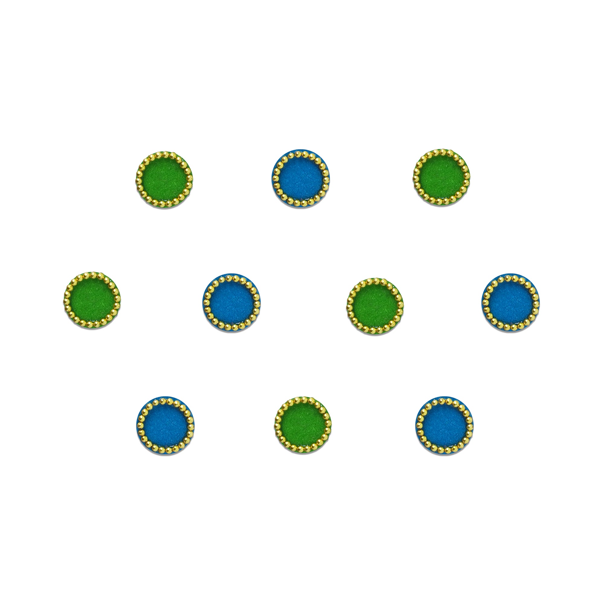 Comet Busters Emerald & Sapphire Velvet Dot Bindi featuring alternating emerald green and sapphire blue round velvet bindis with an elegant gold beaded border. Self-adhesive designer bindis for women and girls, perfect for daily wear, office, festive celebrations, Navratri, Diwali, weddings, Karwa Chauth, temple visits, cultural events, and traditional or Indo-western ethnic outfits.