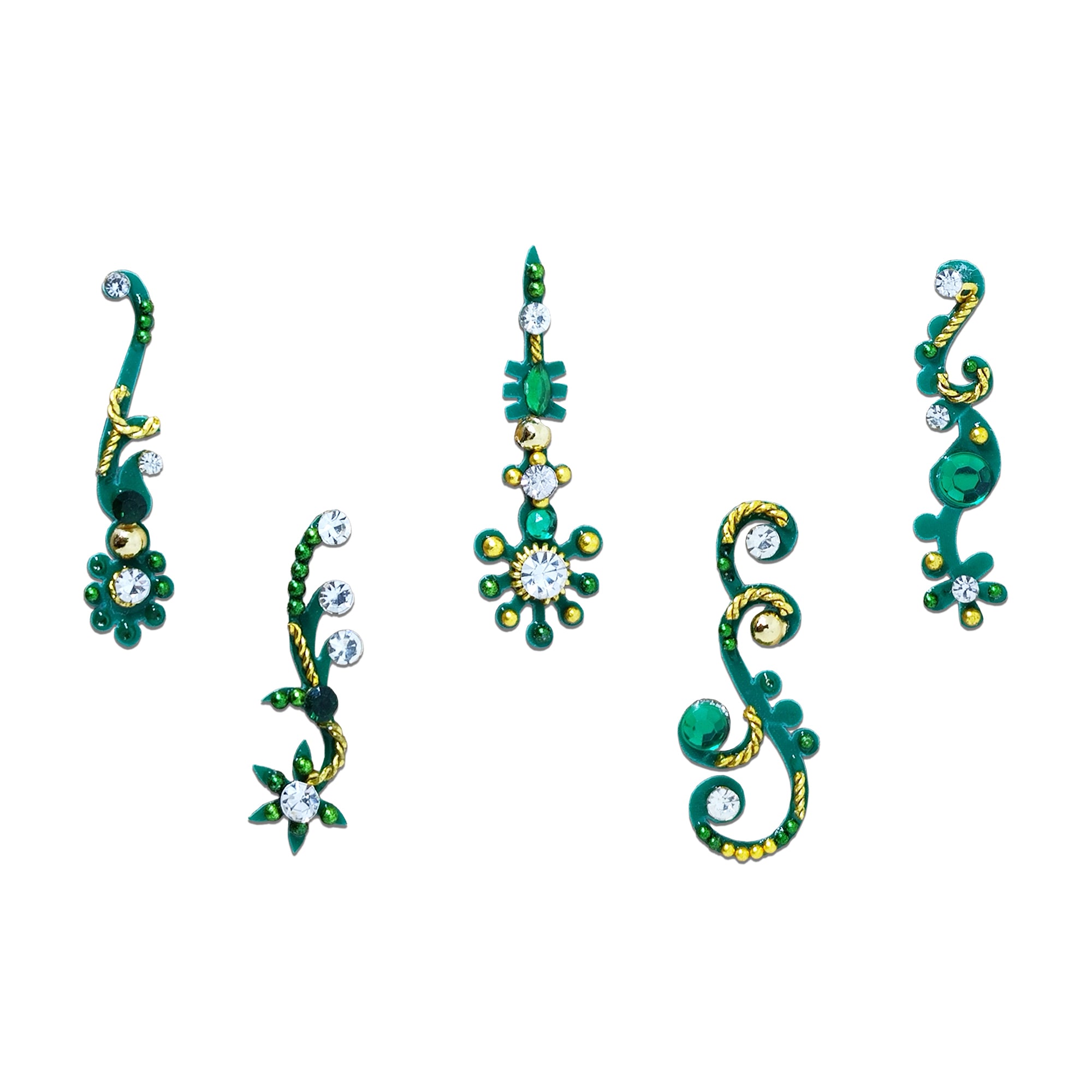 Comet Busters Emerald Paisley Designer Bindi Set featuring five unique green paisley-inspired bindis embellished with emerald green stones, clear crystals, gold detailing, and intricate floral swirl designs. Self-adhesive designer bindis for women and girls, perfect for weddings, festivals, Navratri, Karwa Chauth, Diwali, bridal wear, Bharatanatyam, Kathak, and traditional ethnic occasions.