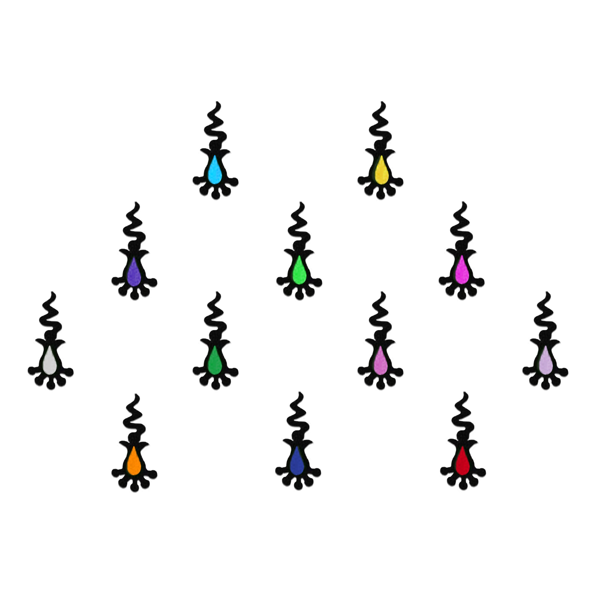 Comet Busters tribal teardrop designer bindi set featuring elegant black ornamental outlines with vibrant multicolor teardrop centers. Self-adhesive ethnic bindis for women and girls, perfect for festivals, weddings, cultural events, dance performances, traditional attire, and everyday ethnic styling.