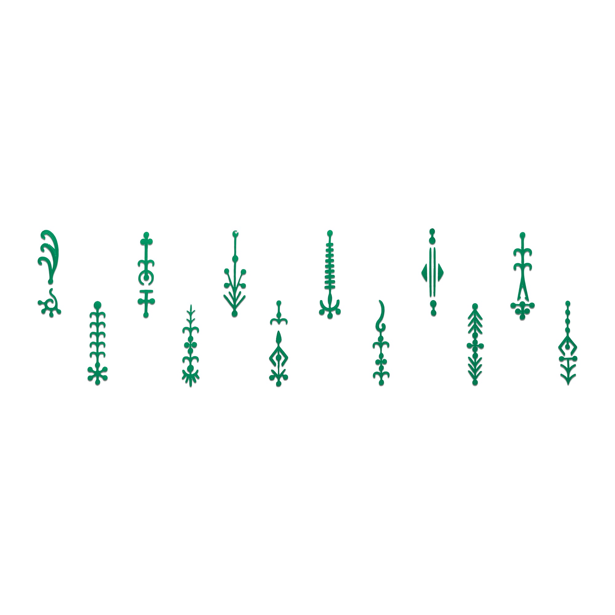 Comet Busters assorted green fancy bindis featuring slim vertical decorative designs for weddings, festivals, and cultural occasions.