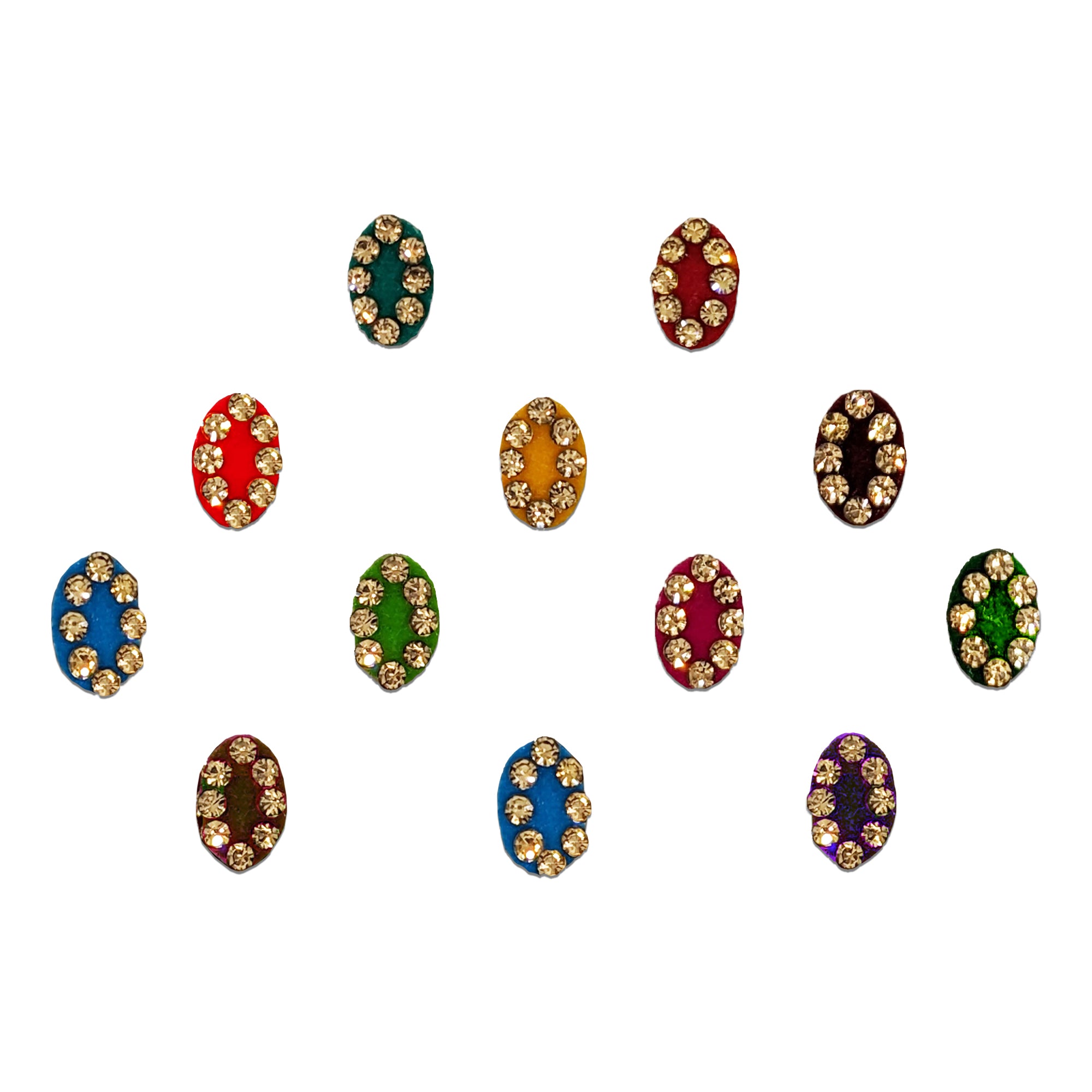 Comet Busters Multicolor Oval Velvet Stone Bindis featuring vibrant velvet-finish oval bindis in red, green, blue, orange, purple, pink, black, and maroon shades, embellished with sparkling champagne crystal stones around the border. Premium self-adhesive bindis ideal for festivals, weddings, parties, and traditional ethnic wear.